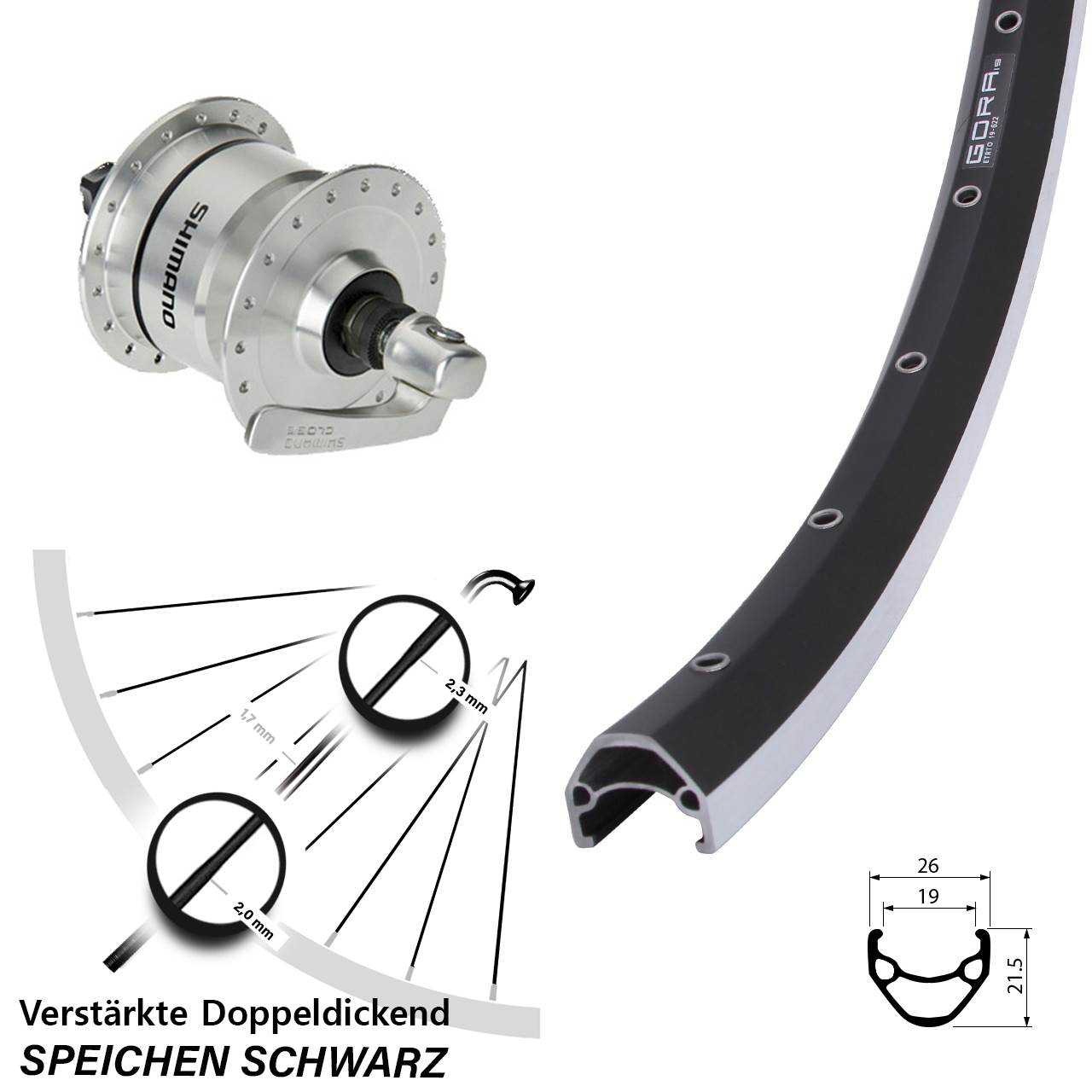 Gora 19 Shimano DH3N72 28 Zoll Laufrad mit Nabendynamo QR