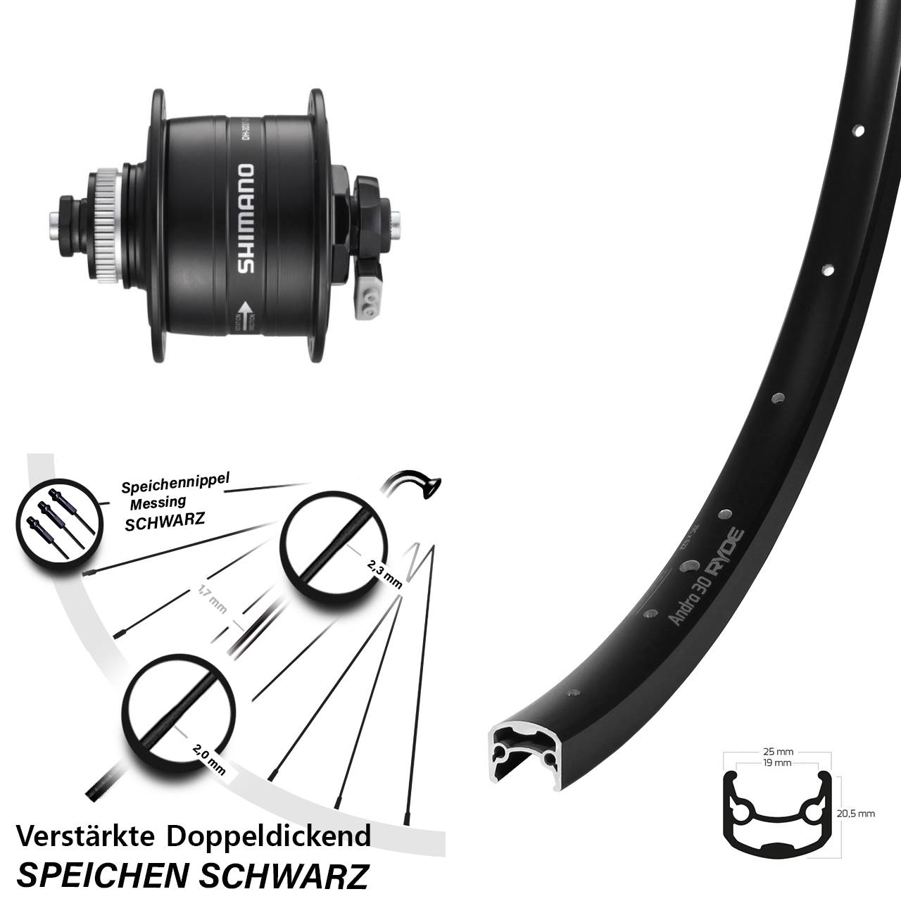 Centerlock Vorderrad mit Dynamo 29 Zoll Ryde Andra 30 Shimano DH-3D37-QR QR