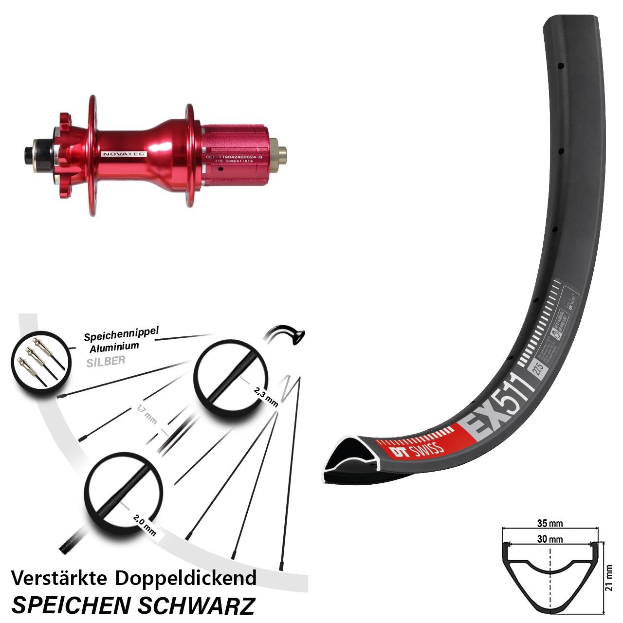 DT Swiss EX511 Novatec D792 29 Zoll 6-Loch Hinterrad QR 8-12 fach HG