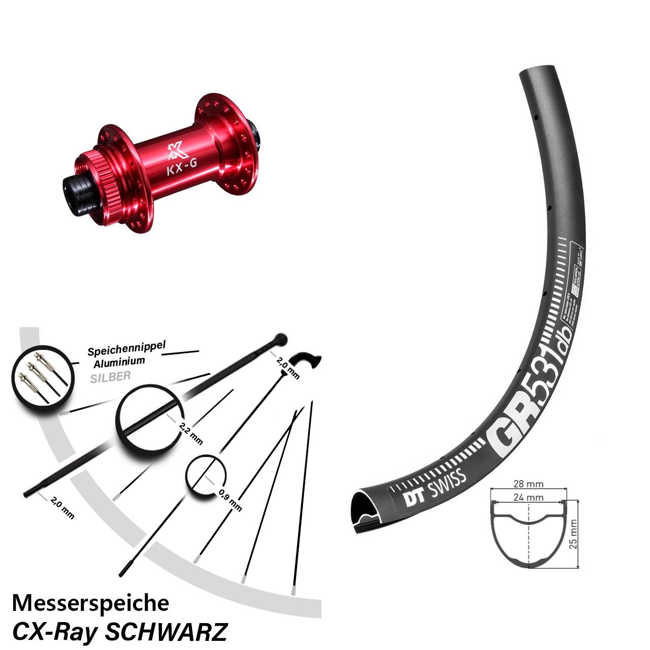 28 Zoll DT Swiss GR531 KX-G rot Disc Vorderrad 12x100 CX-Ray