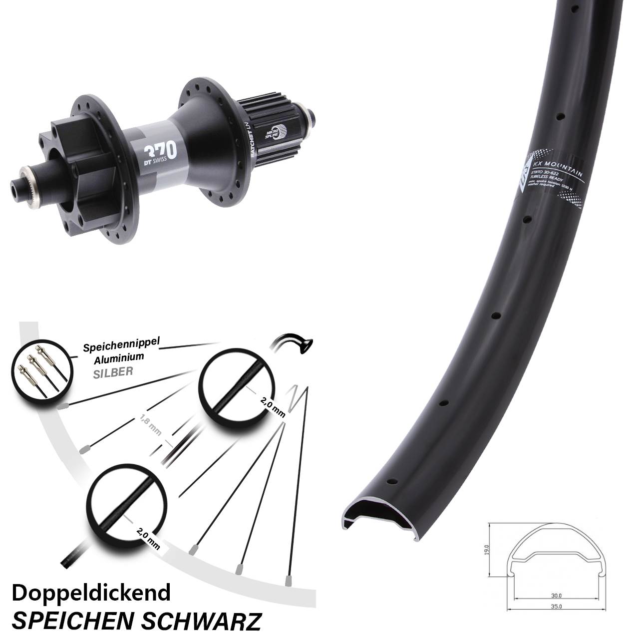 Boost Hinterrad 6-Loch QR 29 Zoll KX Mountain DT Swiss 370 Shimano Micro Spline