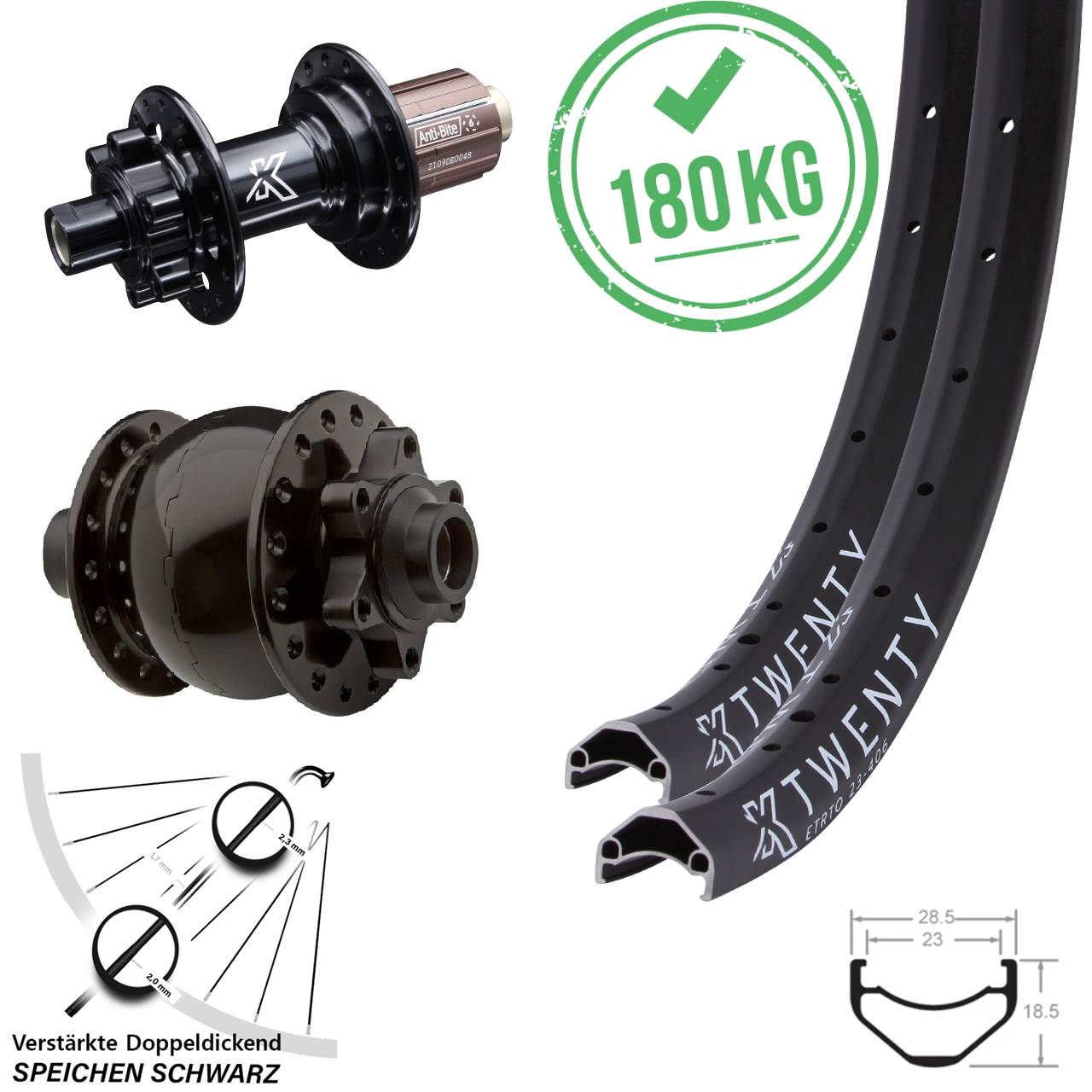 leichter 20 Zoll KX-M Twenty Laufradsatz Steckachse Dynamo SON 28 schwarz 6-loch Shimano