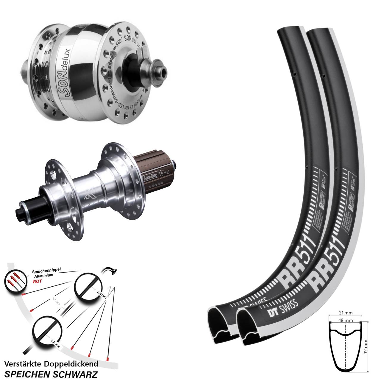 DT Swiss RR 511 KX-T SONdelux poliert 28 Zoll Laufrad-Satz QR 8-12 fach