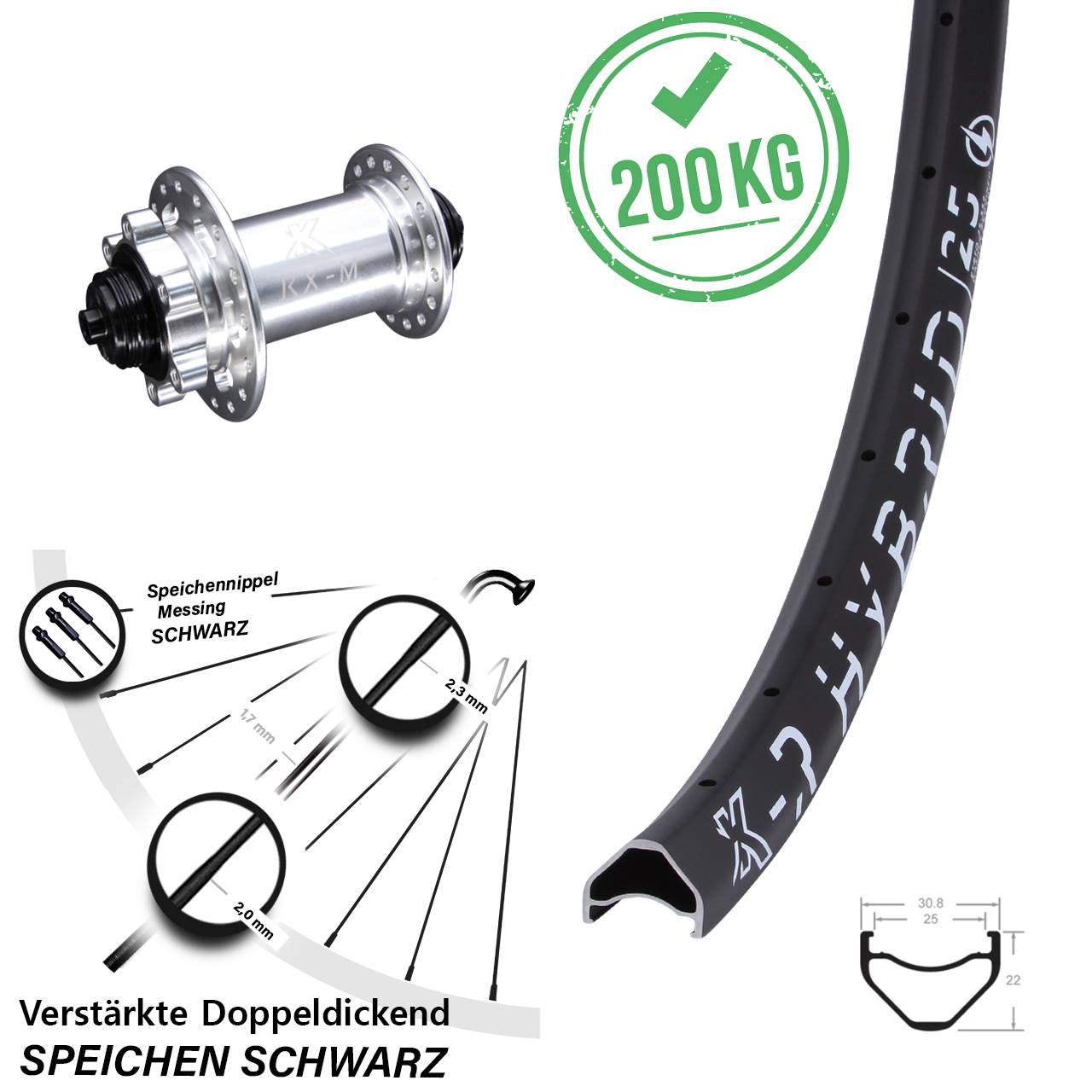 Vorderrad 6-Loch QR silbern 27,5 Zoll KX-R Hybrid 25 E-Bike verstärkt