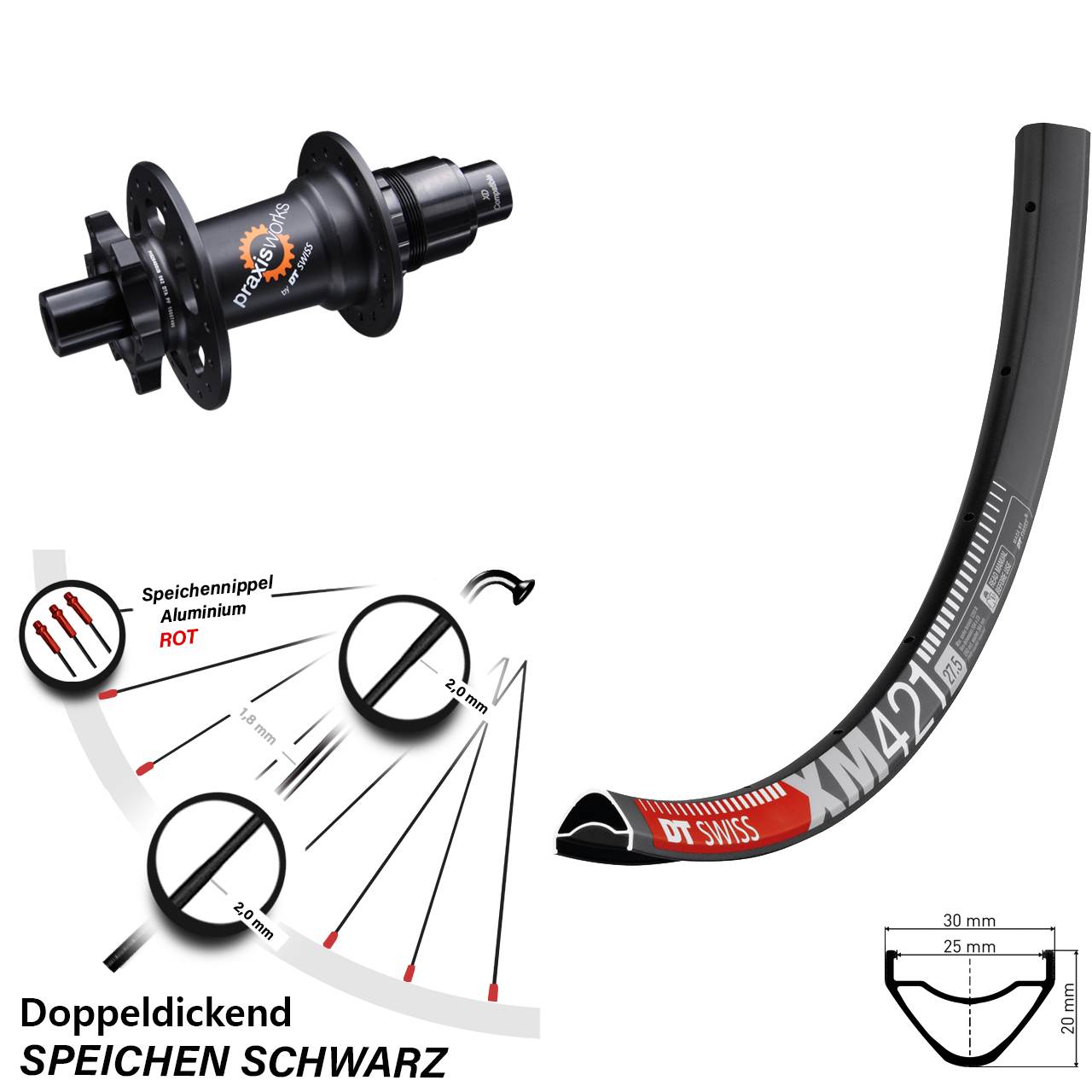 27,5 Zoll Hinterrad MTB XM 421 DT Swiss 350 SL 6-loch 12x142 mm Steckachse Sram XD