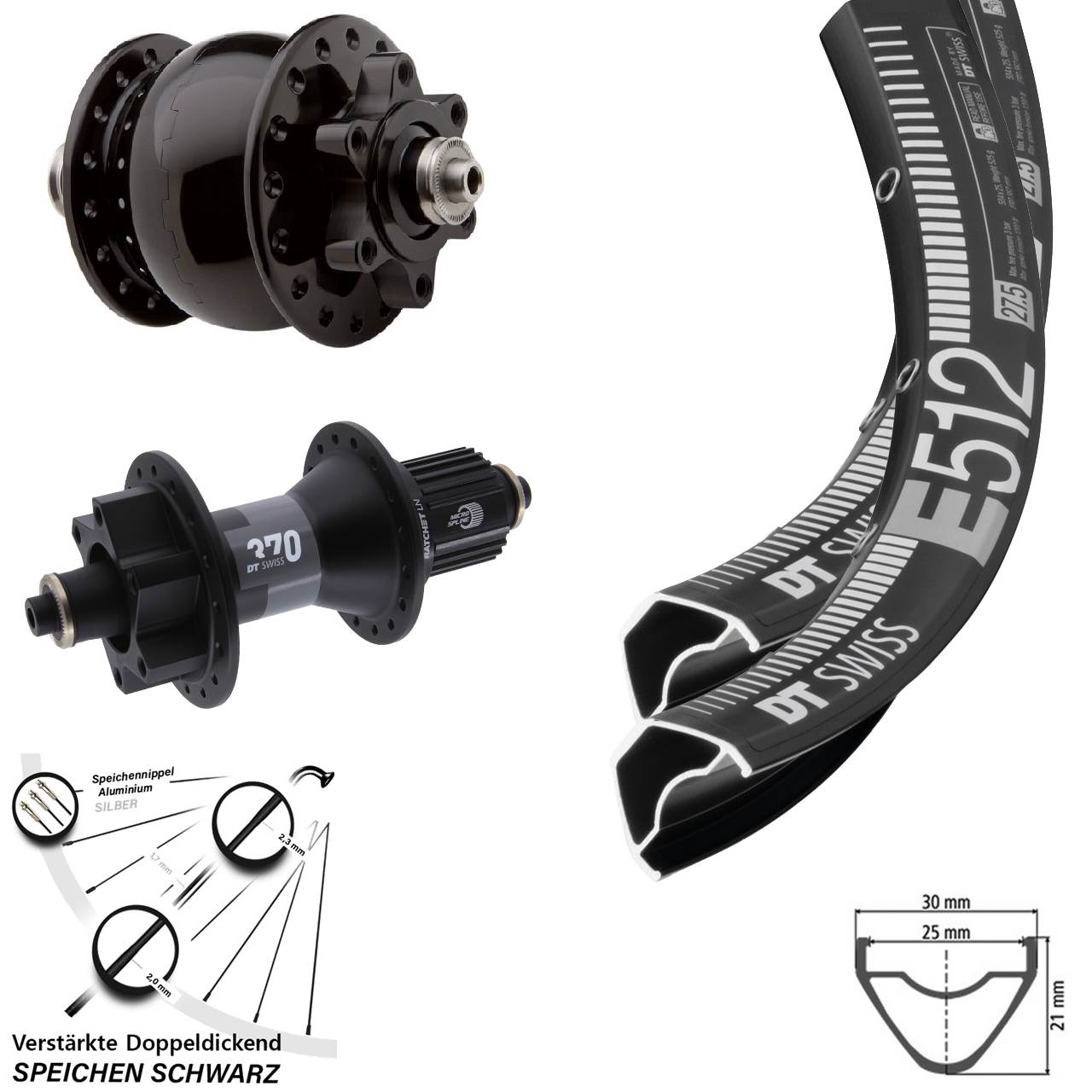 27,5 Zoll DT Swiss E512 370 SON 28 6-Loch Laufradsatz für Schnellspanner Micro Spline