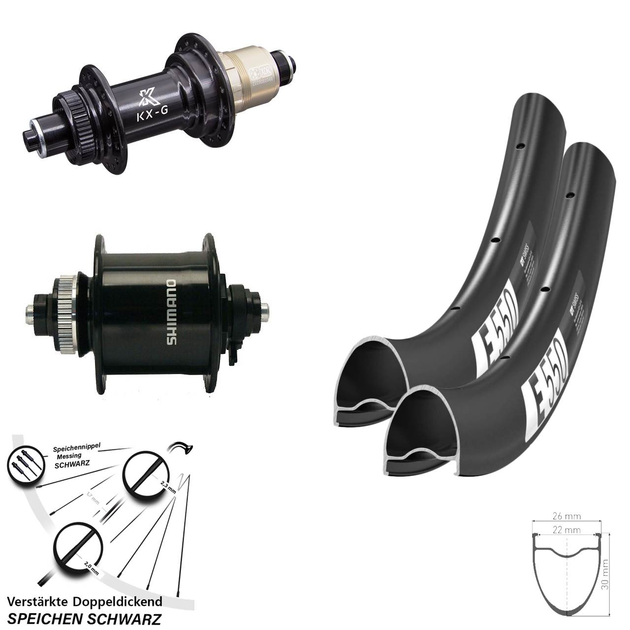 DT Swiss E550 KX-G Shimano DH-UR700-3D 28 Zoll Disc Laufradsatz QR SRAM XDR