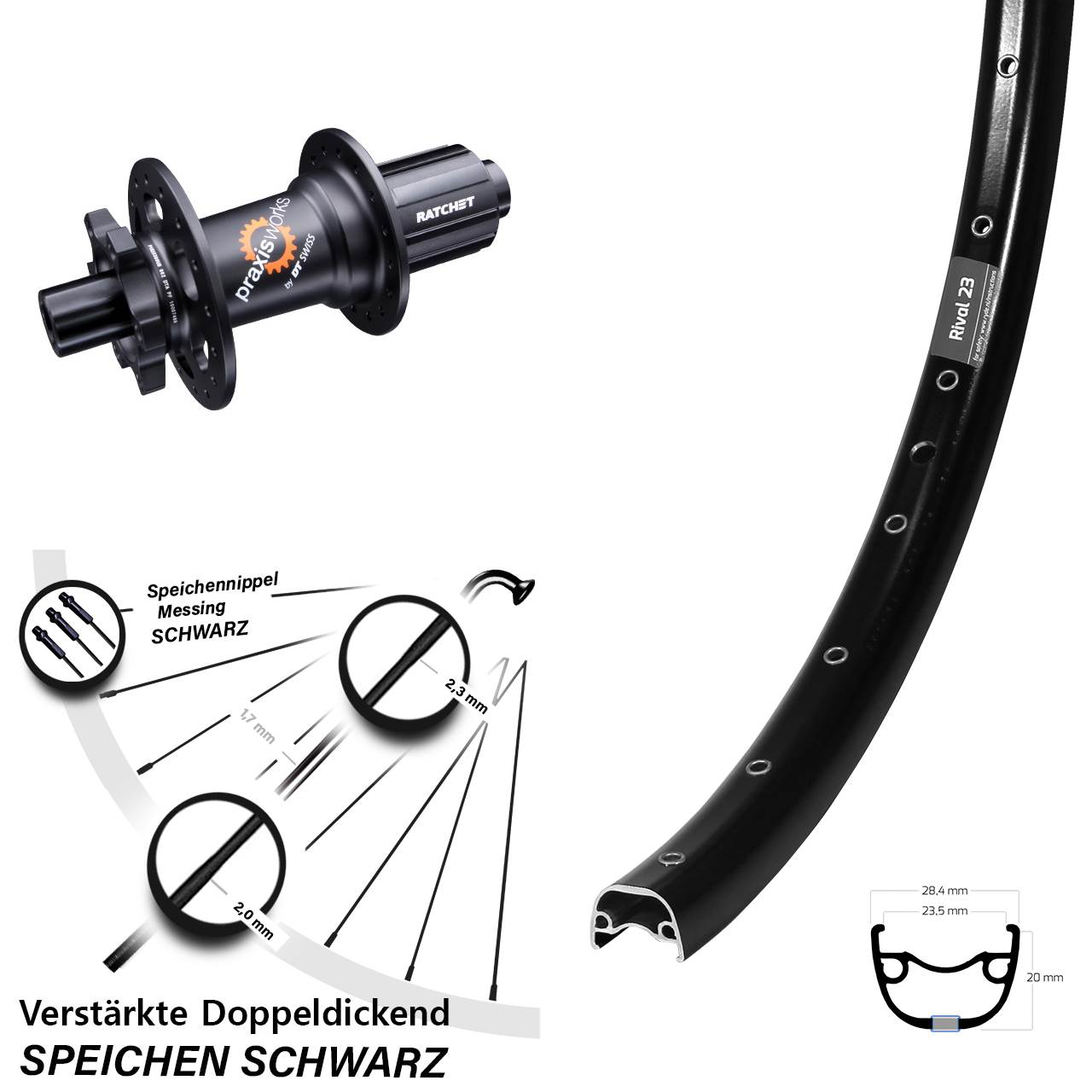 27,5 Zoll Ryde Rival 23 DT Swiss 350 6-Loch Hinterrad 12x142 8-11 fach