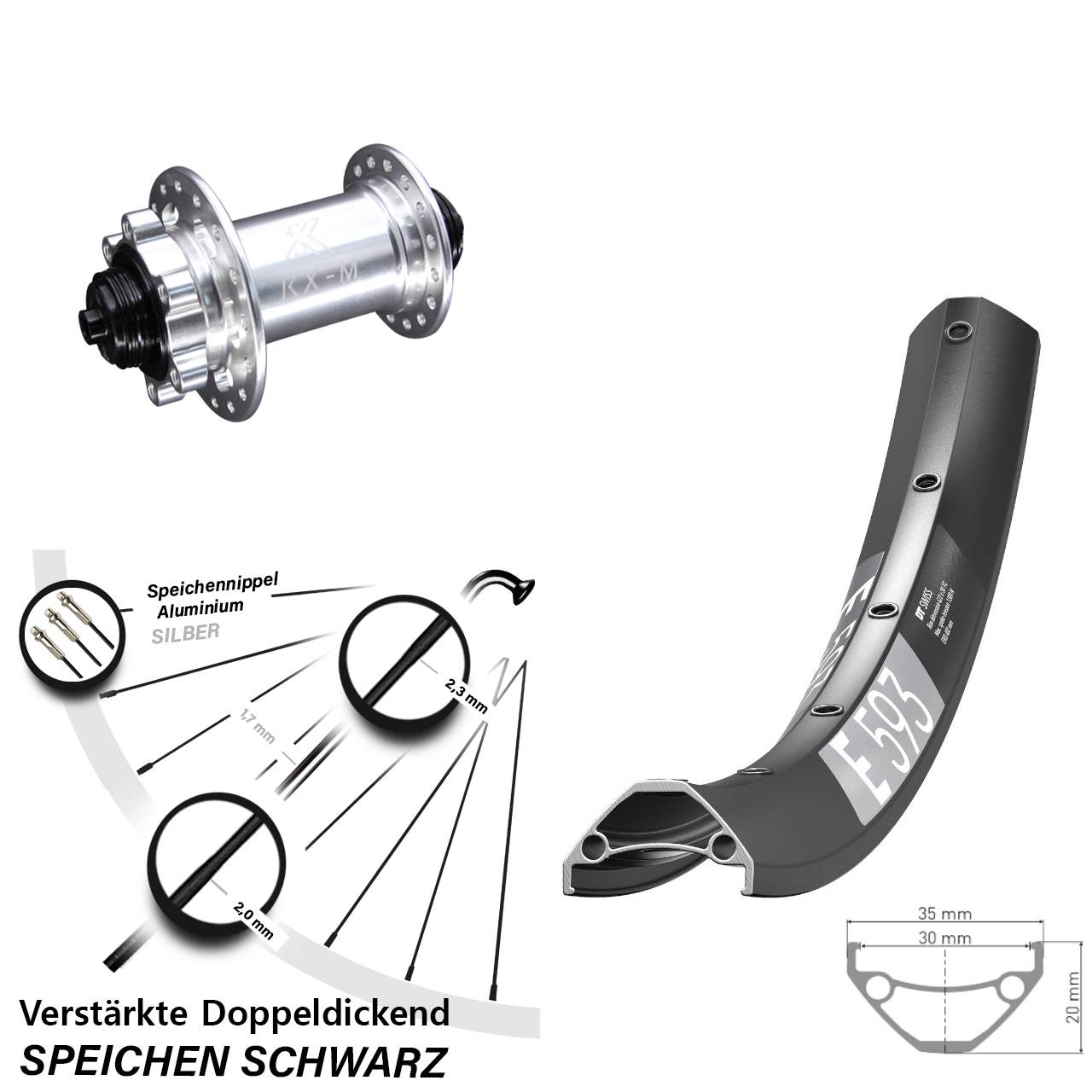 Vorderrad 6-Loch 27,5 Zoll DT Swiss E 593 KX-M für Schnellspanner