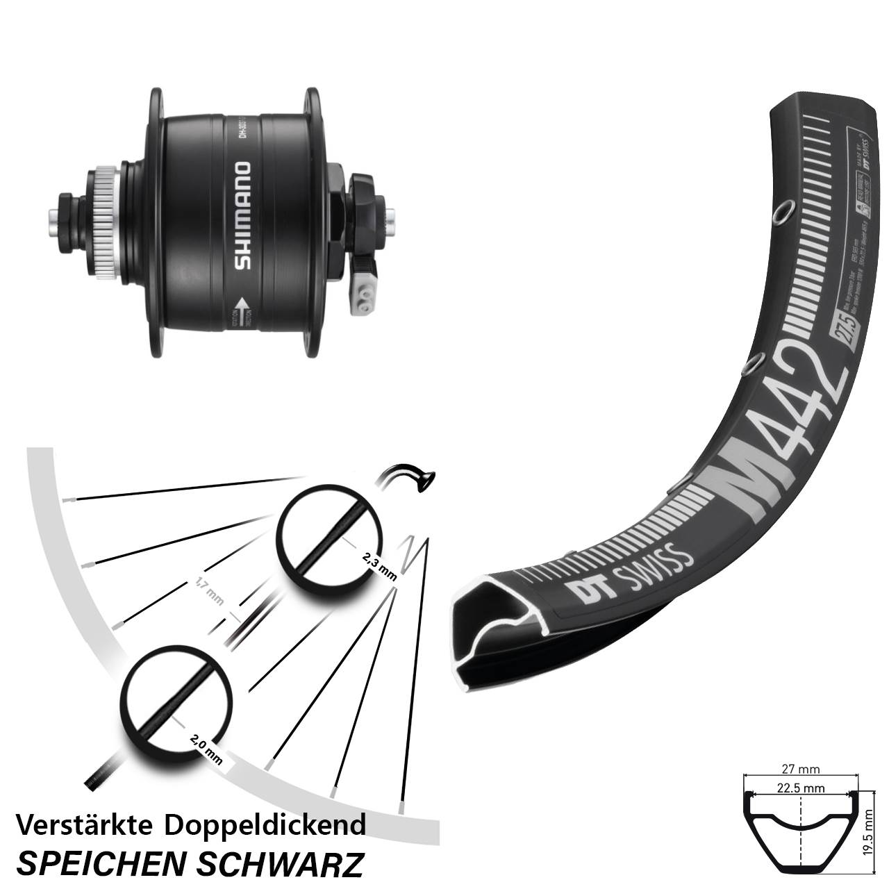 29 Zoll DT Swiss M 442 Shimano DH-3D37-QR Dynamo-Vorderrad Centerlock für Schnellspanner