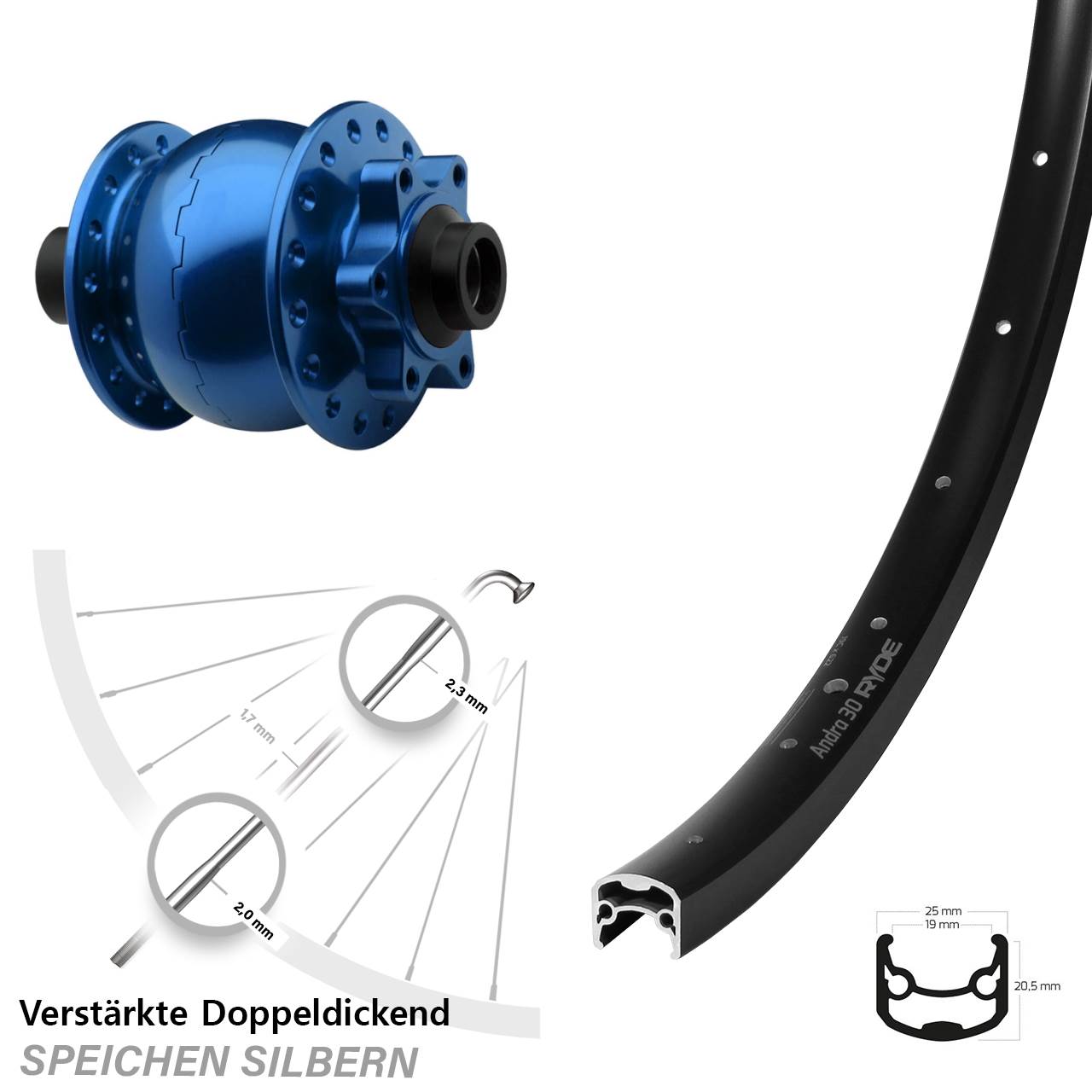 SON 28 blau Ryde Andra 30 Disc 29 Zoll Disc Vorderrad mit Nabendynamo 15x100
