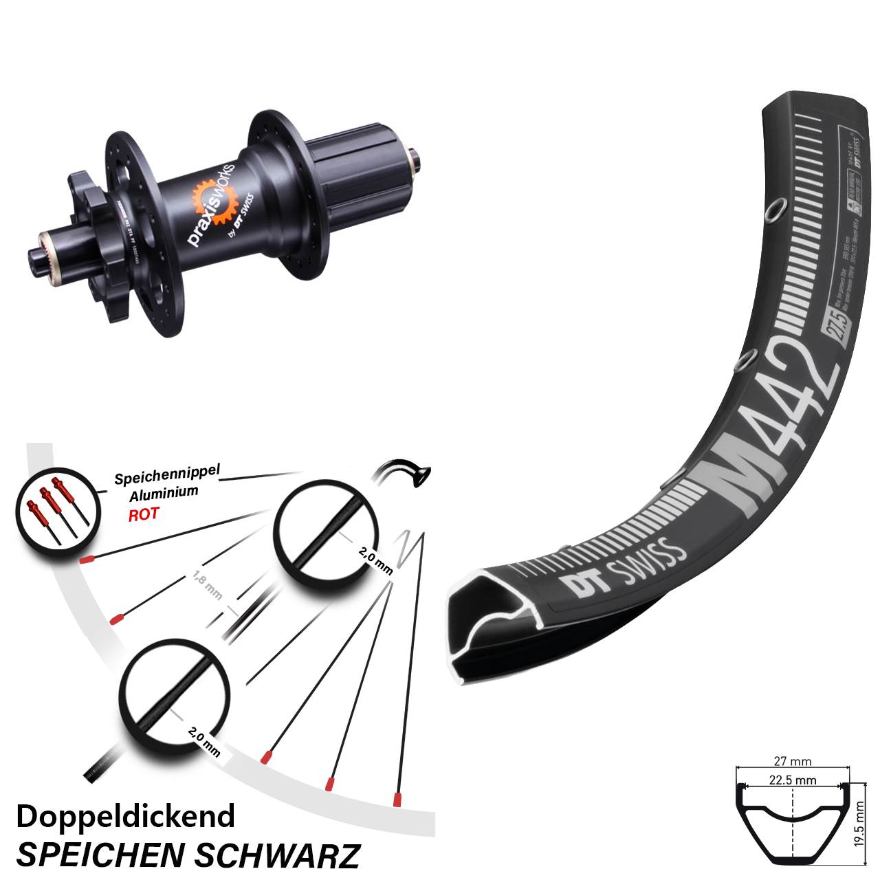 28-29 Zoll DT Swiss M442-350 6-Loch Hinterrad für Schnellspanner 8-11 fach