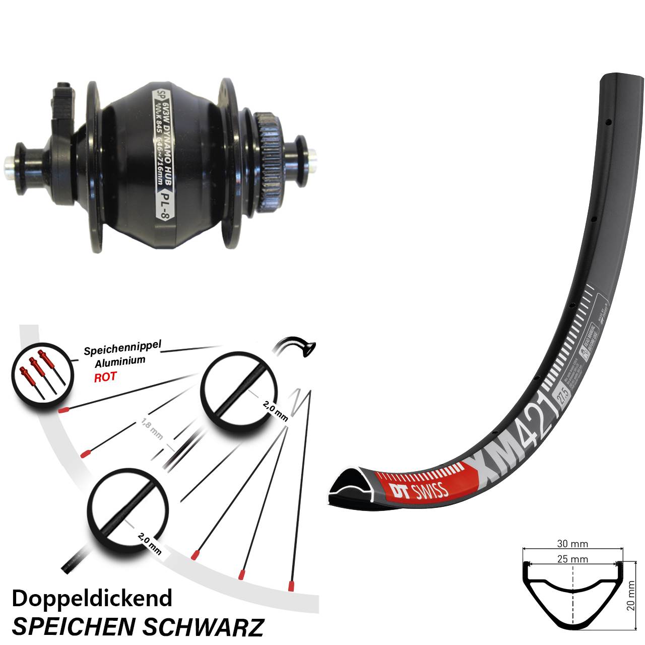 Centerlock Vorderrad mit Dynamo 27,5 Zoll DT Swiss XM421 Shutter PL-8 QR