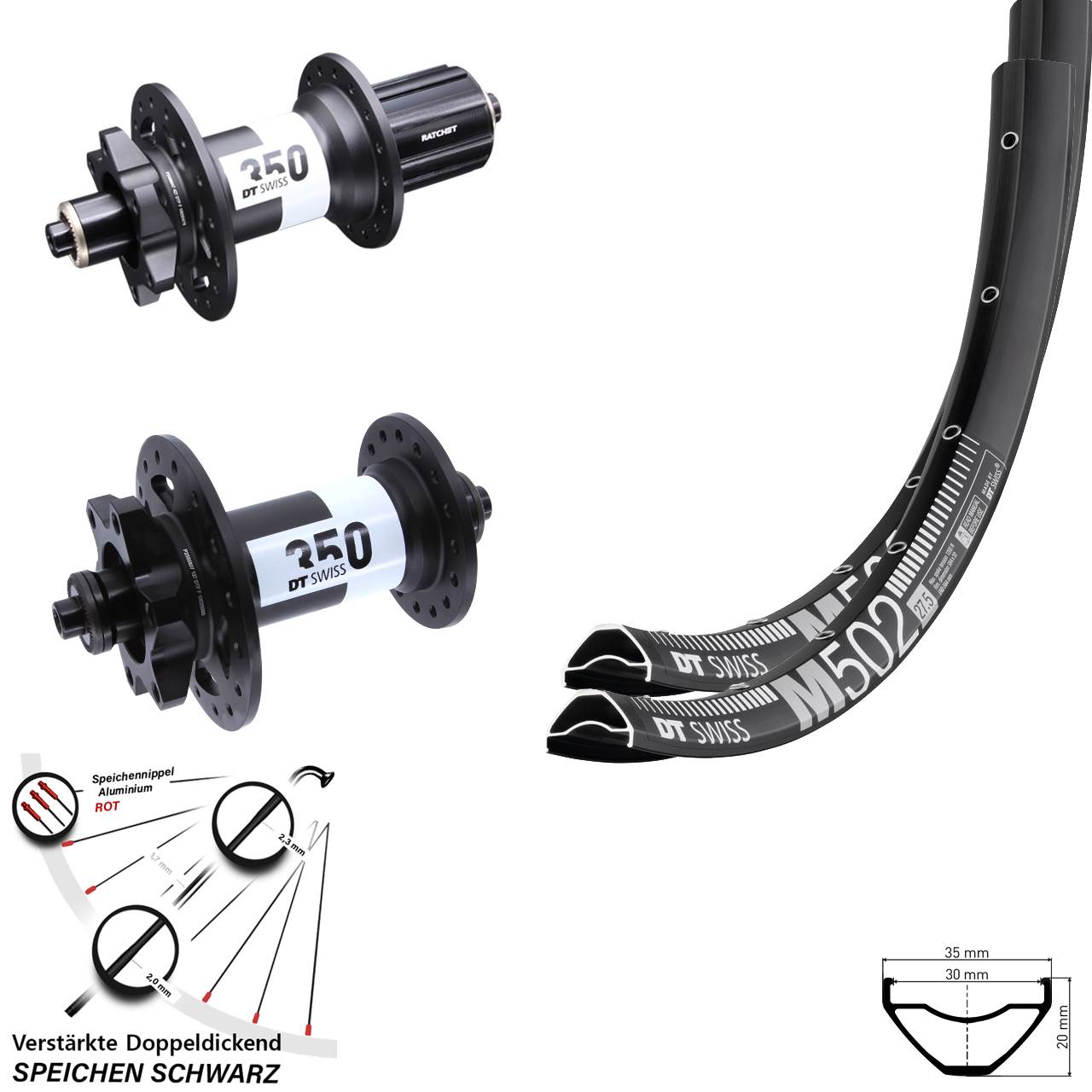 27,5 Zoll DT Swiss M 502-350 Laufradsatz 6-Loch für Schnellspanner 8-11 fach HG