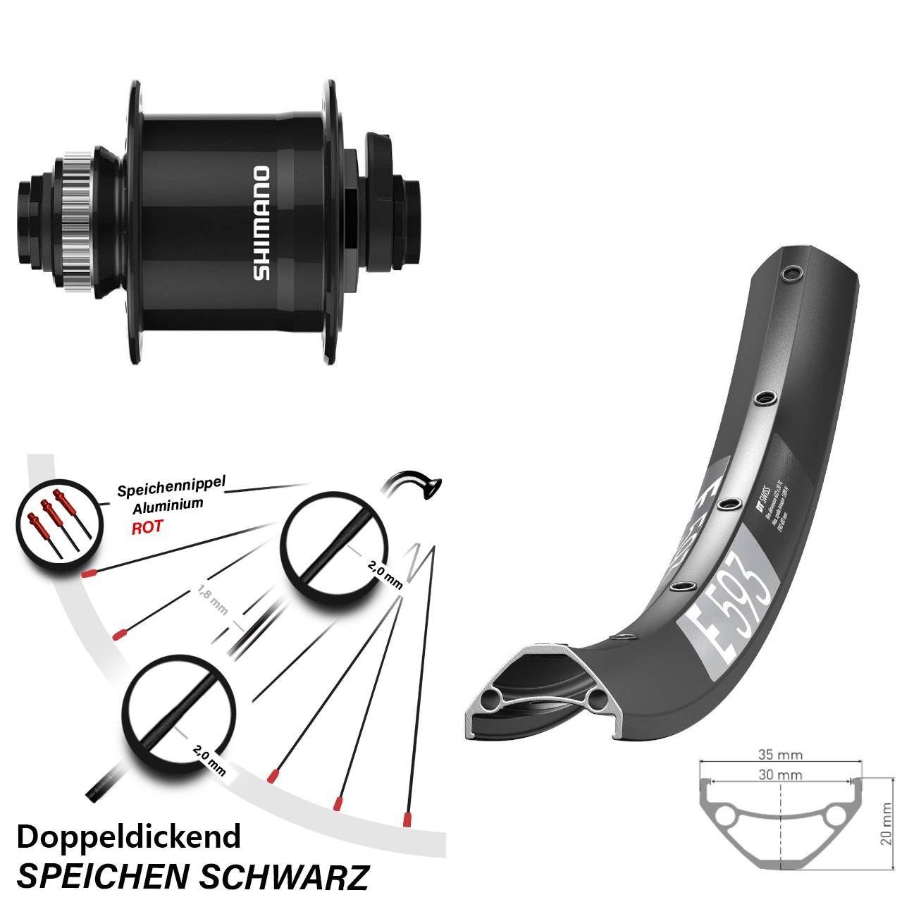 Disc Nabendynamovorderrad 29 Zoll DT Swiss E593 Shimano DH-UR708 15x100