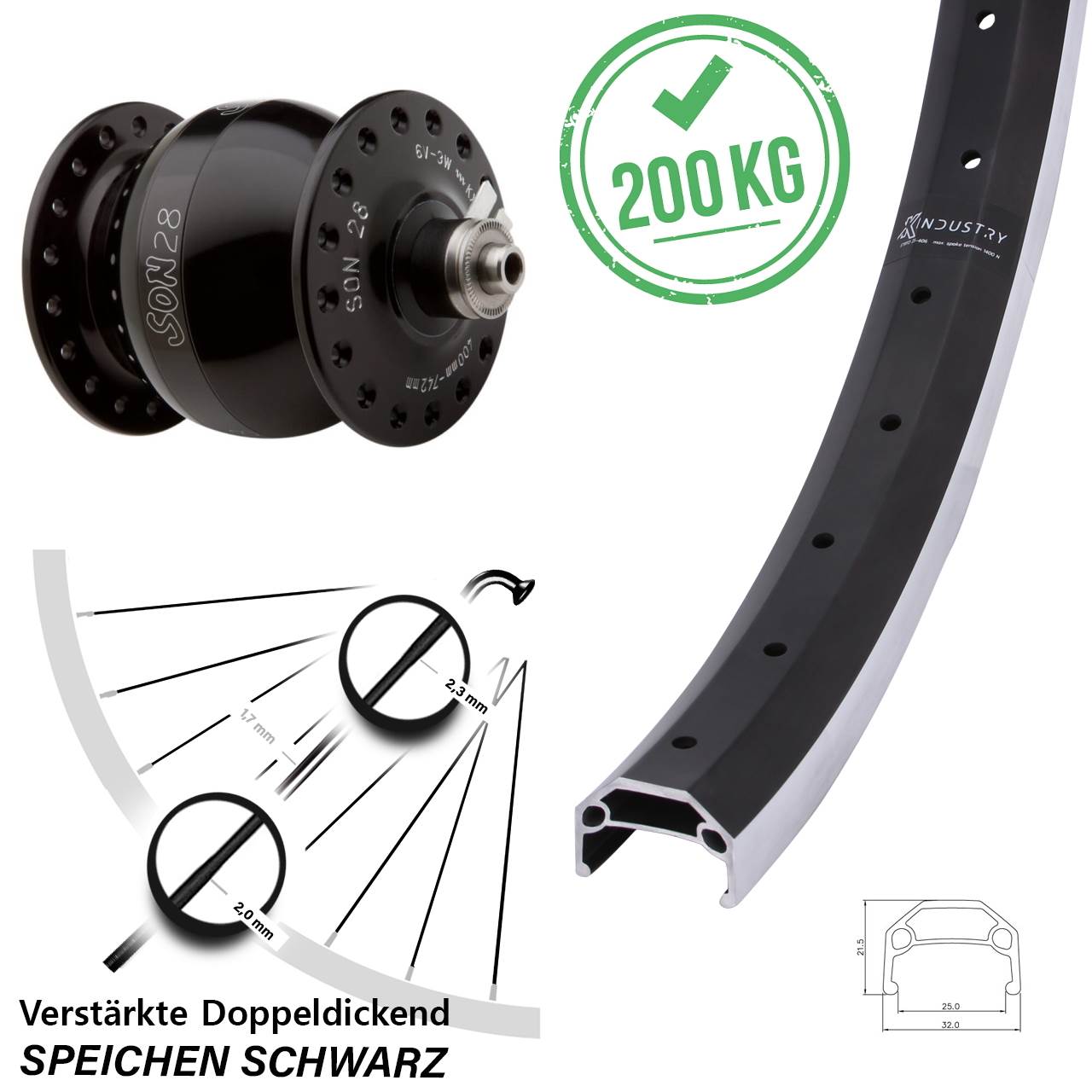 Nabendynamo-Vorderrad 20 Zoll KX Industry SON 28 für Schnellspanner