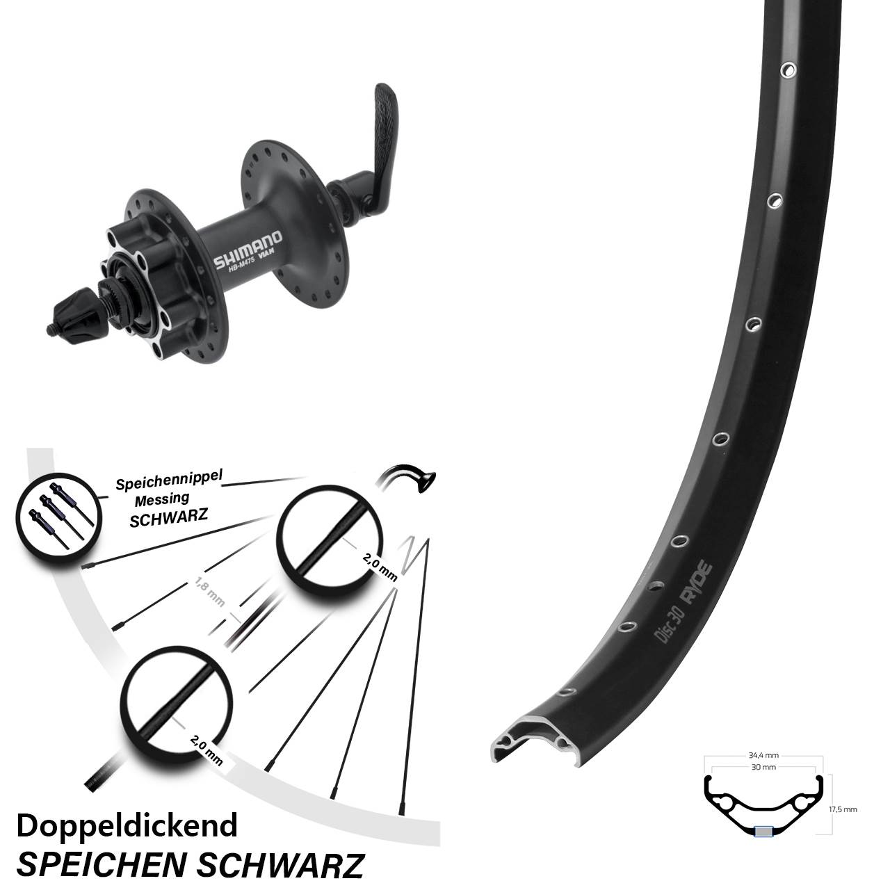 Vorderrad 6-Loch 27,5 Zoll Ryde Disc 30 Shimano HB-M475 QR