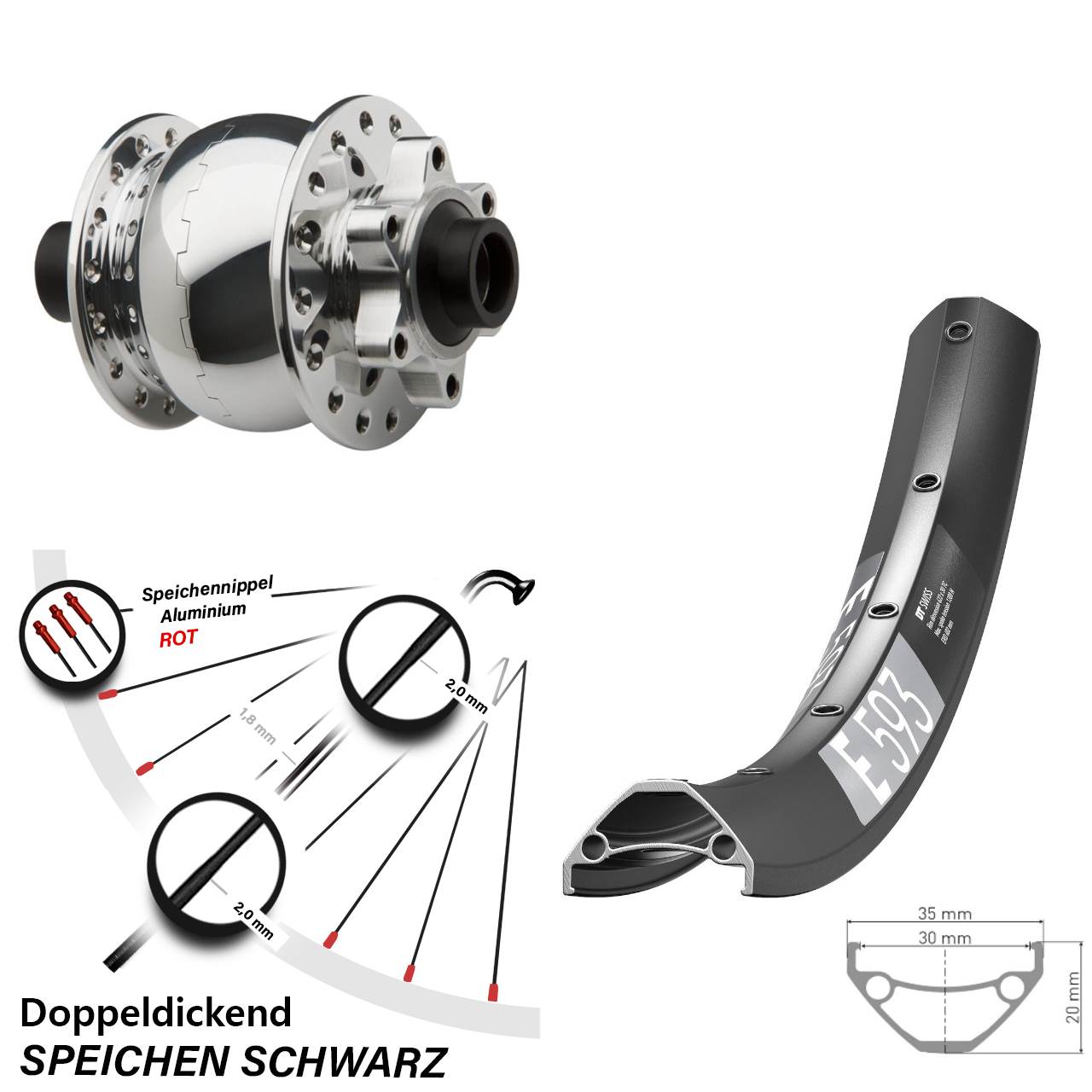 650B DT Swiss E593 SON 28 poliert Dynamo-Vorderrad 6-Loch 15x100