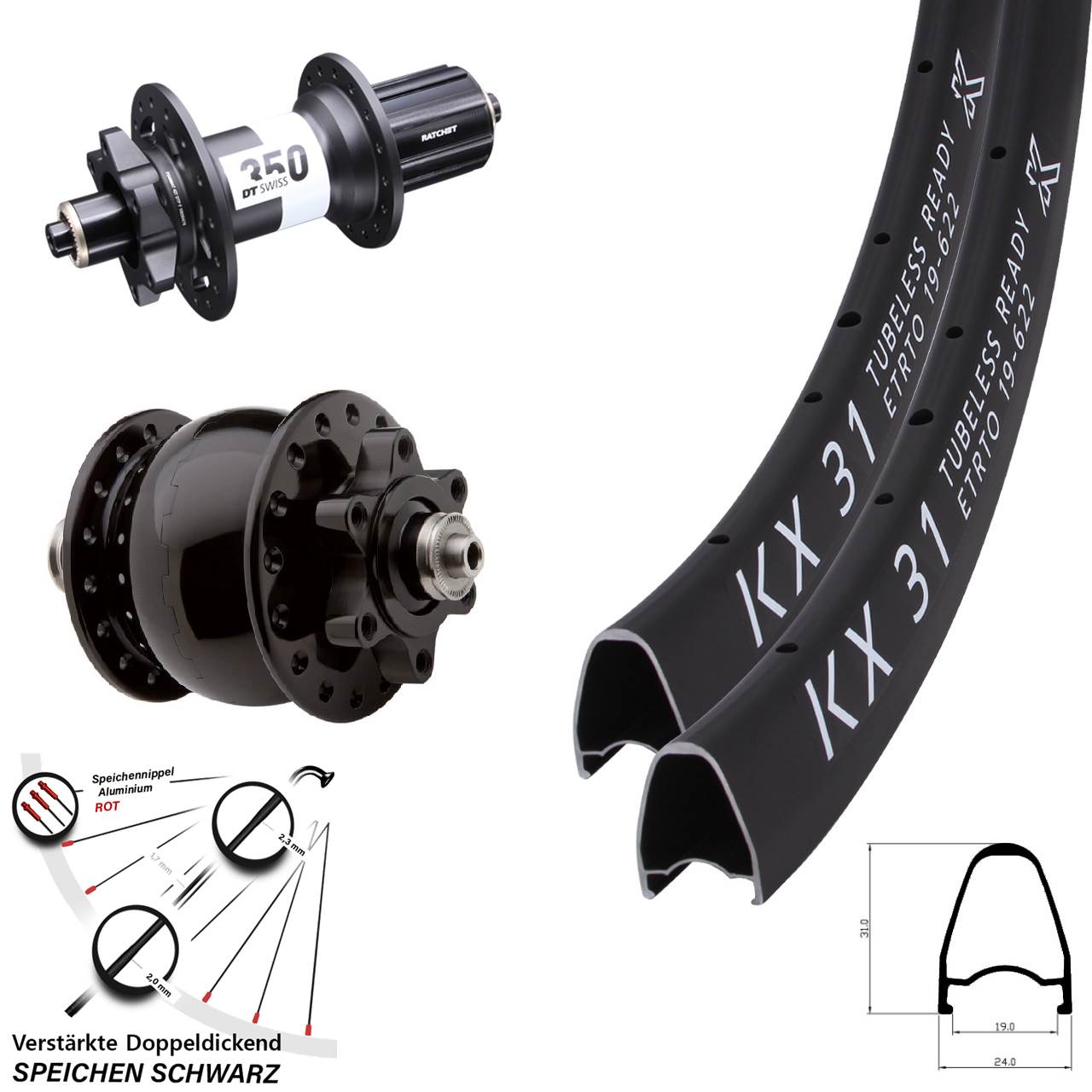 KX 31 DT Swiss 350 HG SON 28 Zoll Disc Laufradsatz 5x100/135