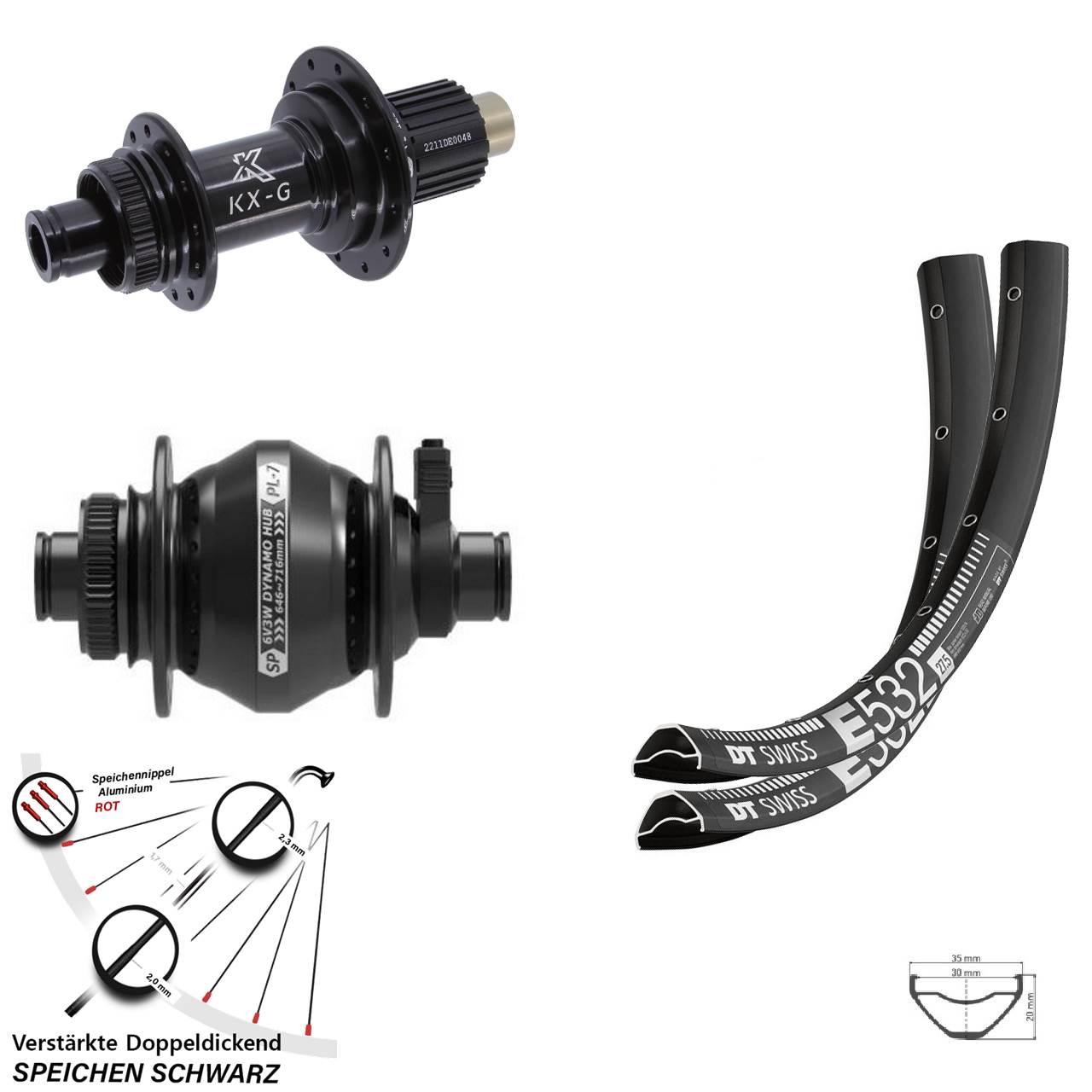 27,5 Zoll DT Swiss E532 KX-G Steckachse SP PL-7 Laufradsatz Disc 12x100/142 Micro Spline