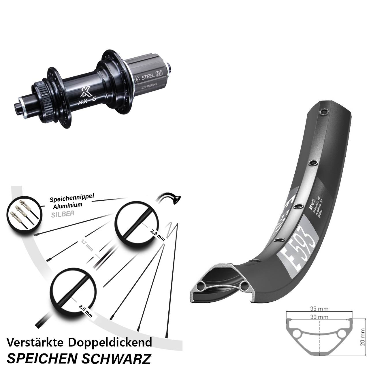 Centerlock Hinterrad 29 Zoll DT Swiss E593 KX-GS Heavy Duty 8-12 fach QR