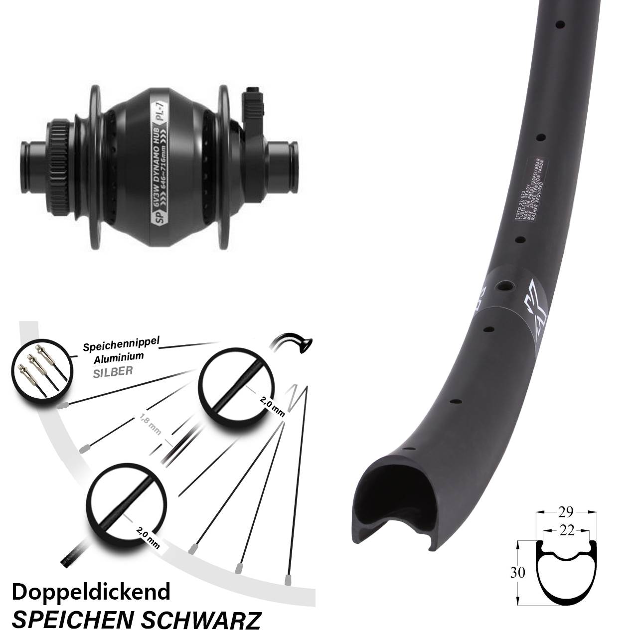 28 Zoll KX-RC Gravel Carbon Shutter PL-7 Vorderrad mit Nabendynamo 12x100