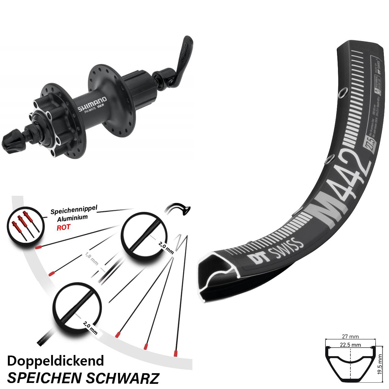 6-Loch Hinterrad QR 28 Zoll DT Swiss M 442 Shimano FH-M475 8-11 fach