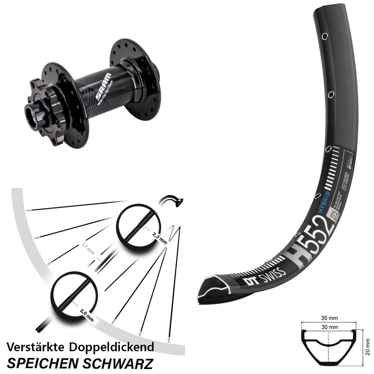 DT Swiss H 552 Sram 716 27,5 Zoll Disc Vorderrad 15x110 Boost