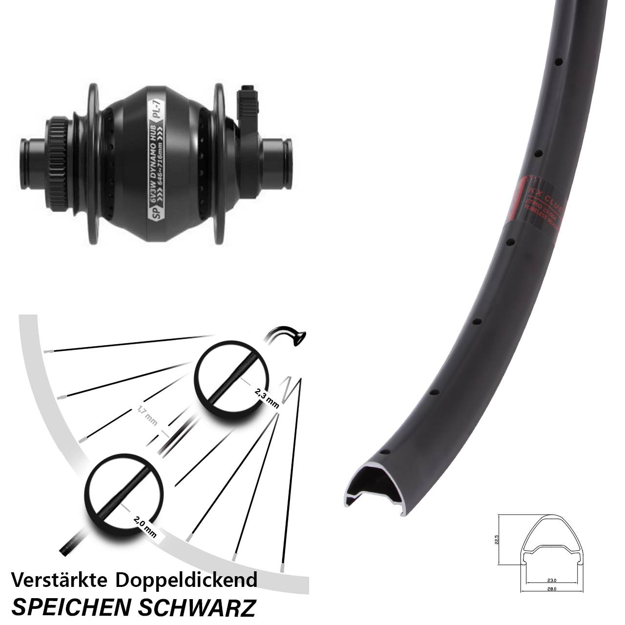 Nabendynamo-Vorderrad Centerlock 28 Zoll KX Clue Shutter PL-7 12x100
