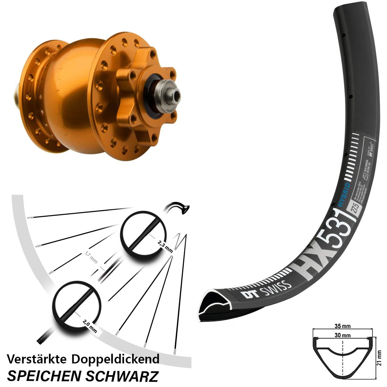 SON 28 orange DT Swiss HX 531 29 Zoll Disc Laufrad mit Nabendynamo QR