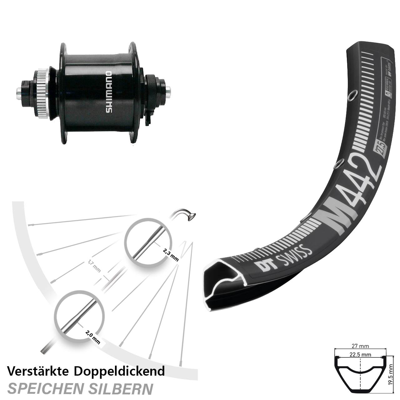 Nabendynamo-Vorderrad Centerlock 29 Zoll DT Swiss M442 Shimano DH-UR700 QR