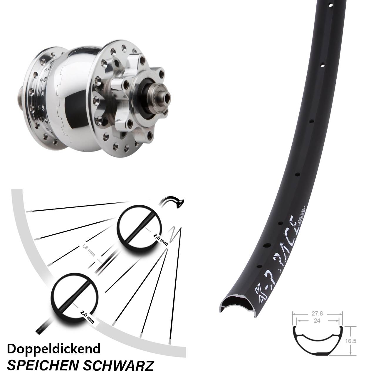 29 Zoll KX-R Race Vorderrad leicht Nabendynamo SON 28 silbern poliert 6-Loch