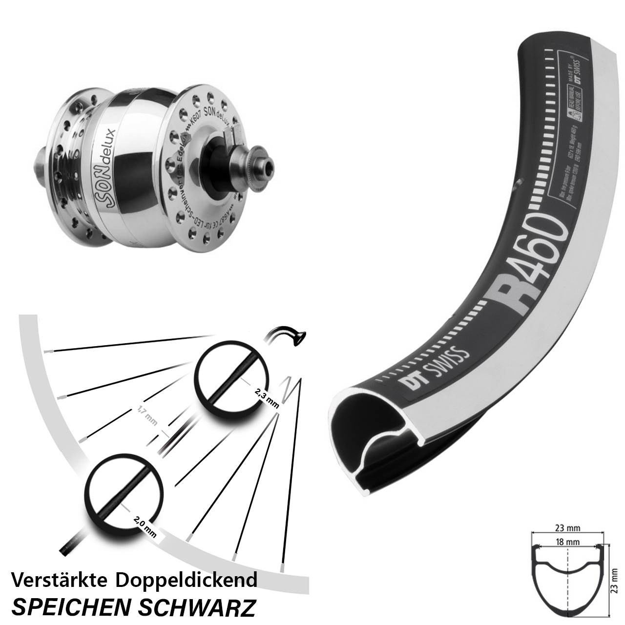 Nabendynamolaufrad 28 Zoll DT Swiss R 460 SONdelux poliert für Schnellspanner