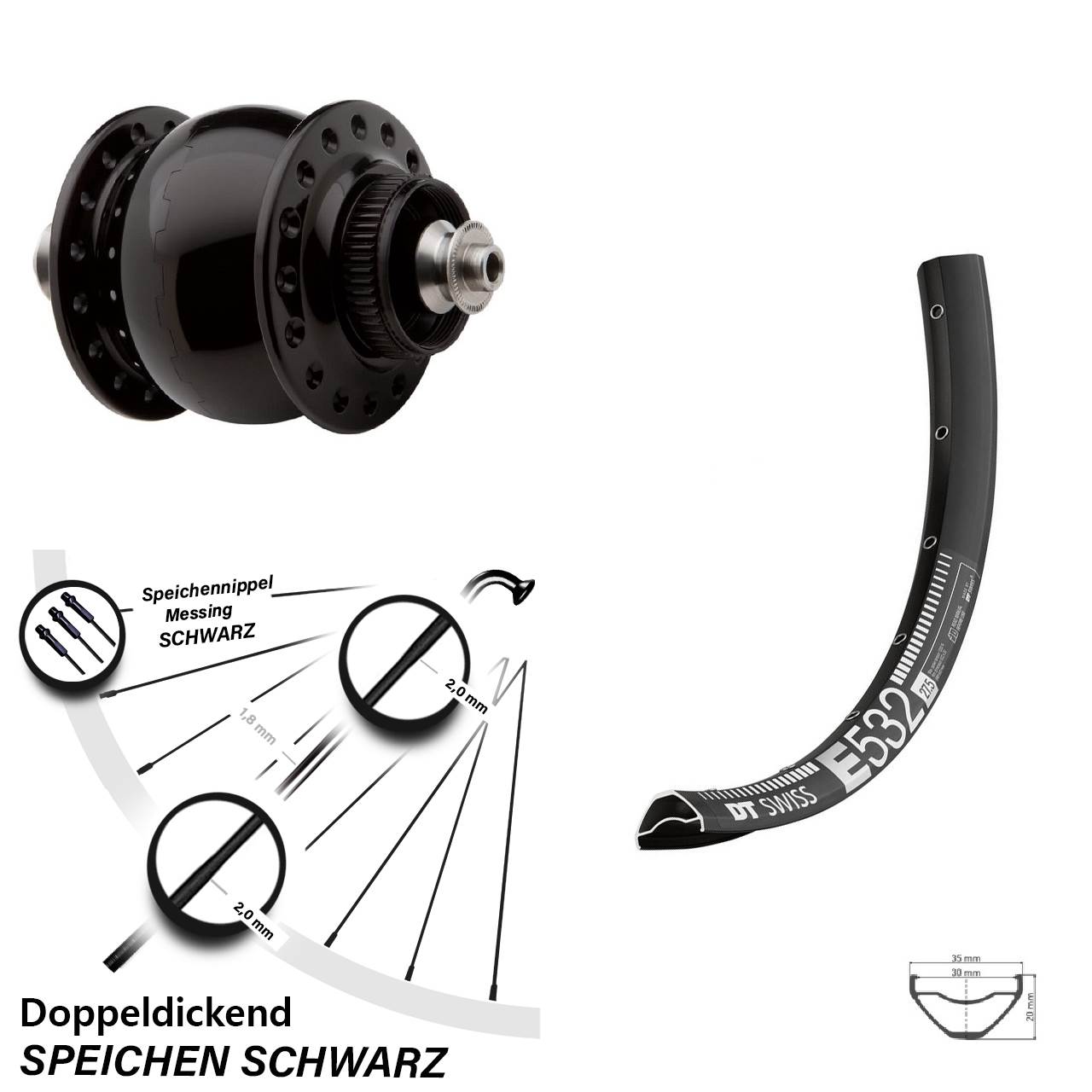 Disc Vorderrad mit Nabendynamo für Schnellspanner 27,5 Zoll DT Swiss E532 SON 28