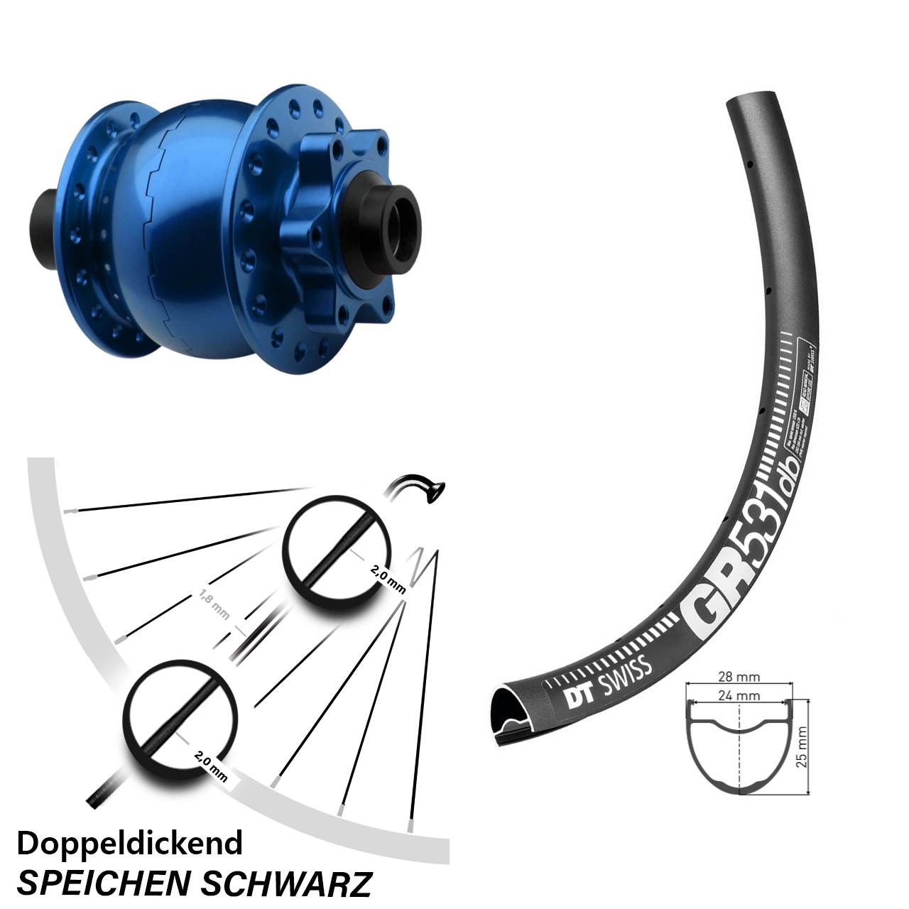 Disc Dynamo-Vorderrad 15x100 650B DT Swiss GR 531 SON 28 blau