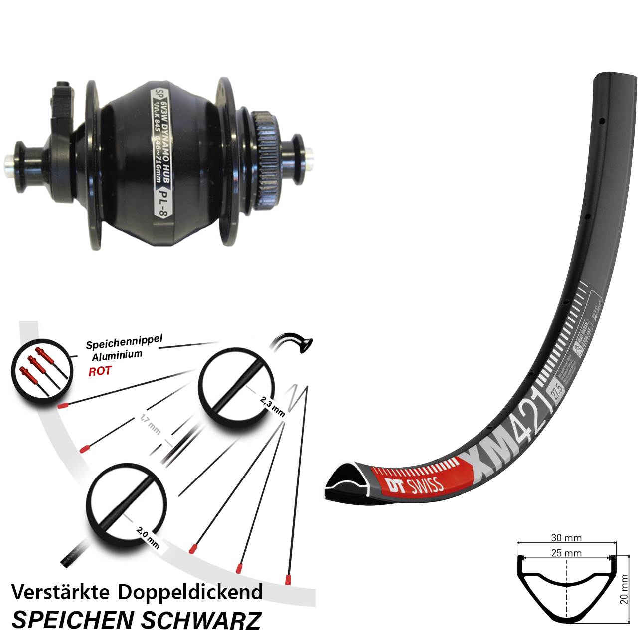 29 Zoll Nabendynamo-Vorderrad DT Swiss XM421 Shutter Precision PL-8 für Schnellspanner