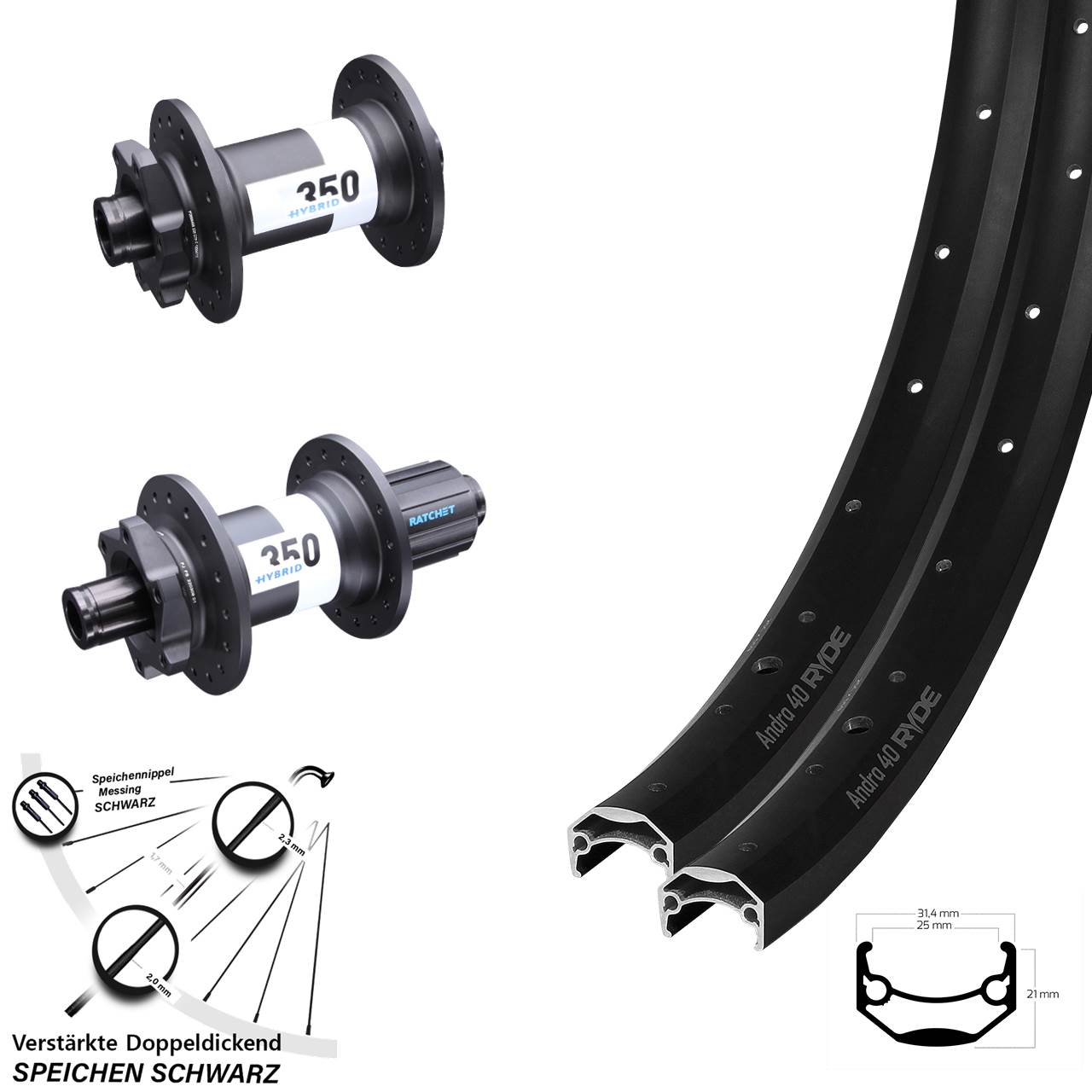 Ryde Andra 40 Disc DT Swiss 350 Hybrid 28-29 Zoll Laufrad-Satz 15x110 12x148 8-11 fach HG