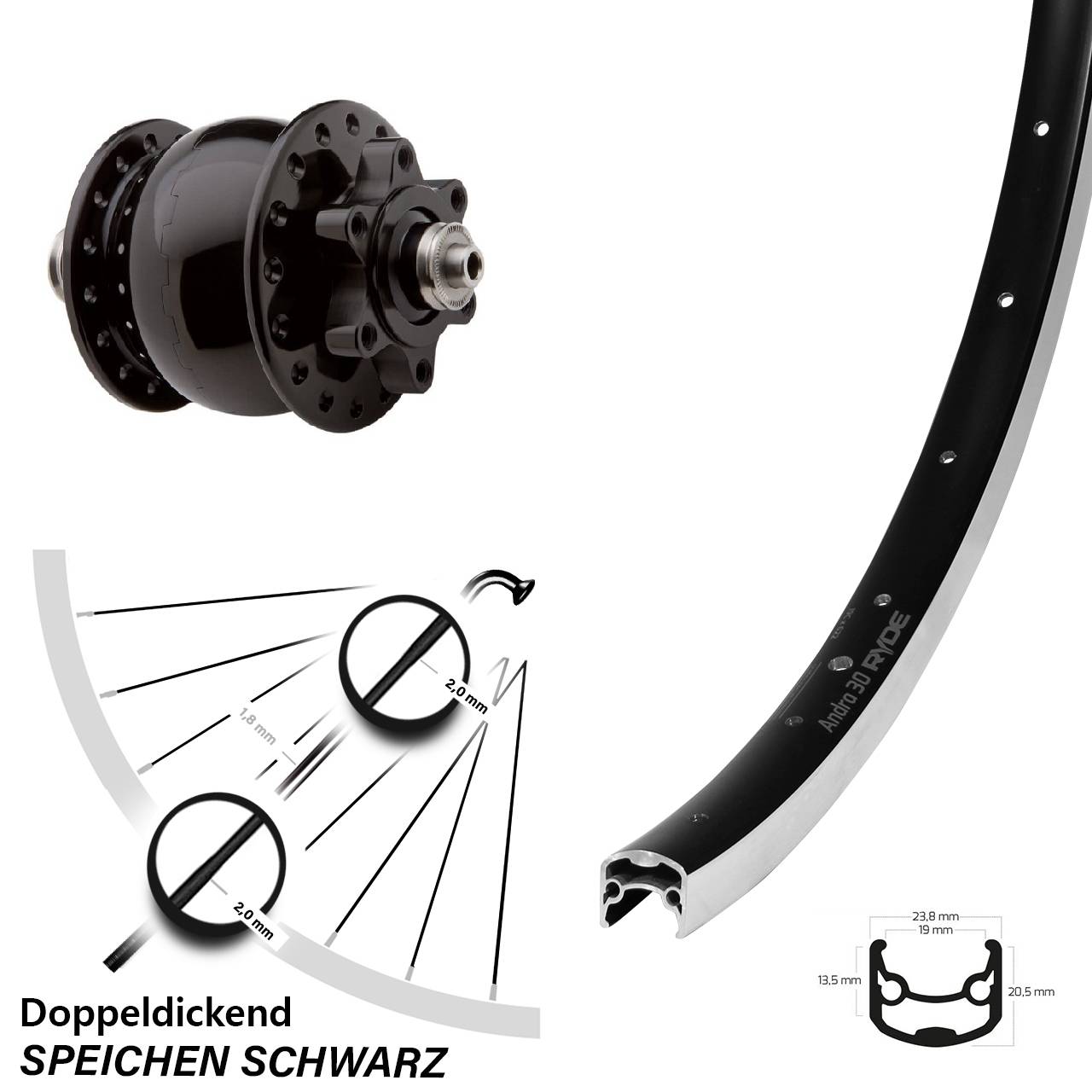 Vorderrad mit SON 28 6-Loch Ryde Andra 30 mit Bremsflanke 28 Zoll