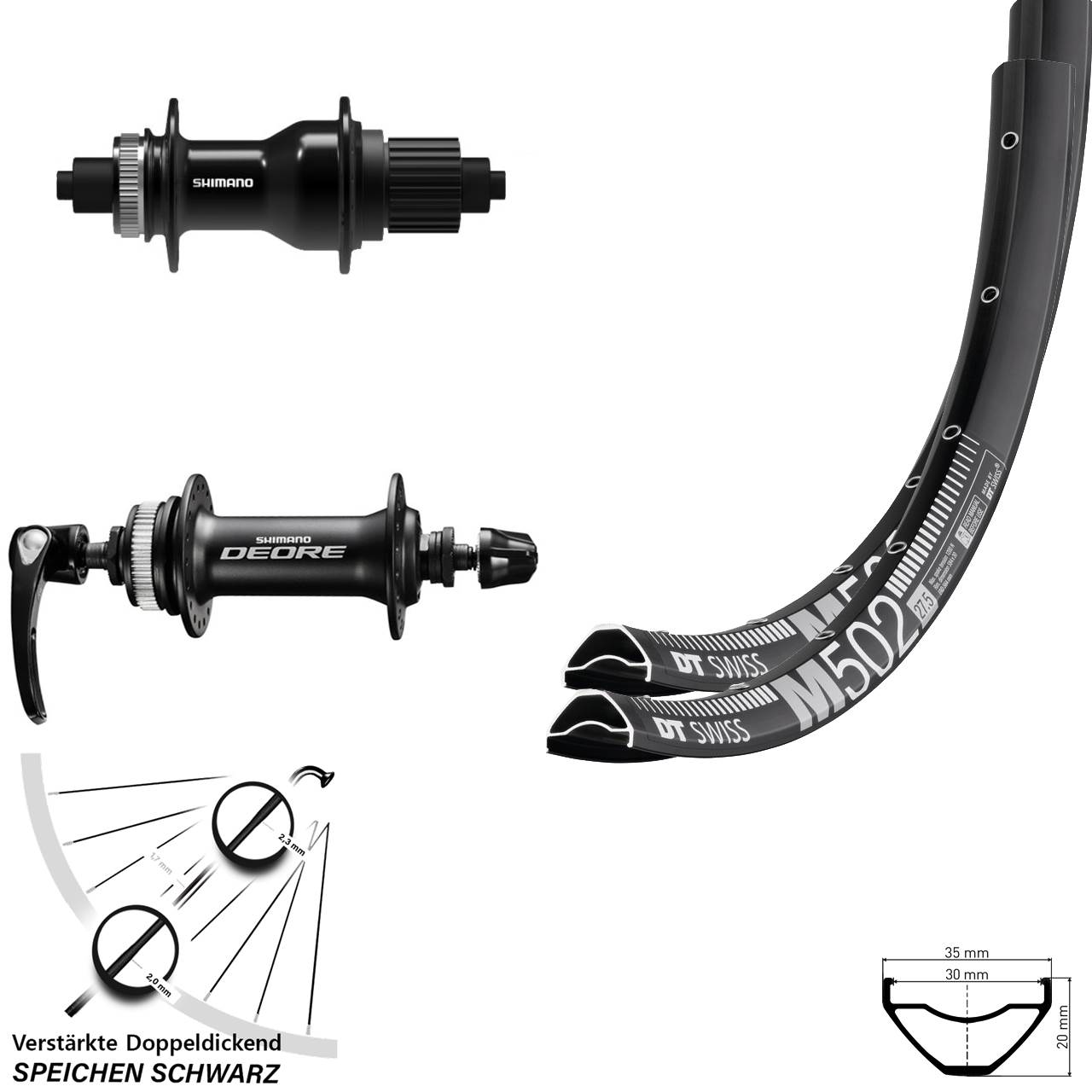 DT Swiss M502 Shimano FH-QC500 HB-M6000 27,5 Zoll Disc Laufradsatz QR