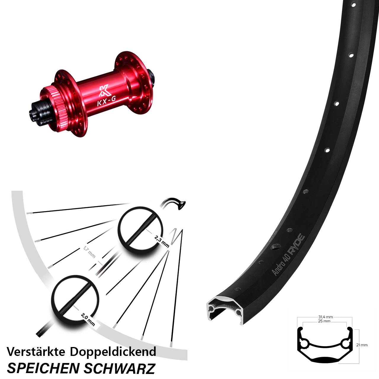 26 Zoll Ryde Andra 40 Disc KX-G rot Vorderrad Centerlock für Schnellspanner