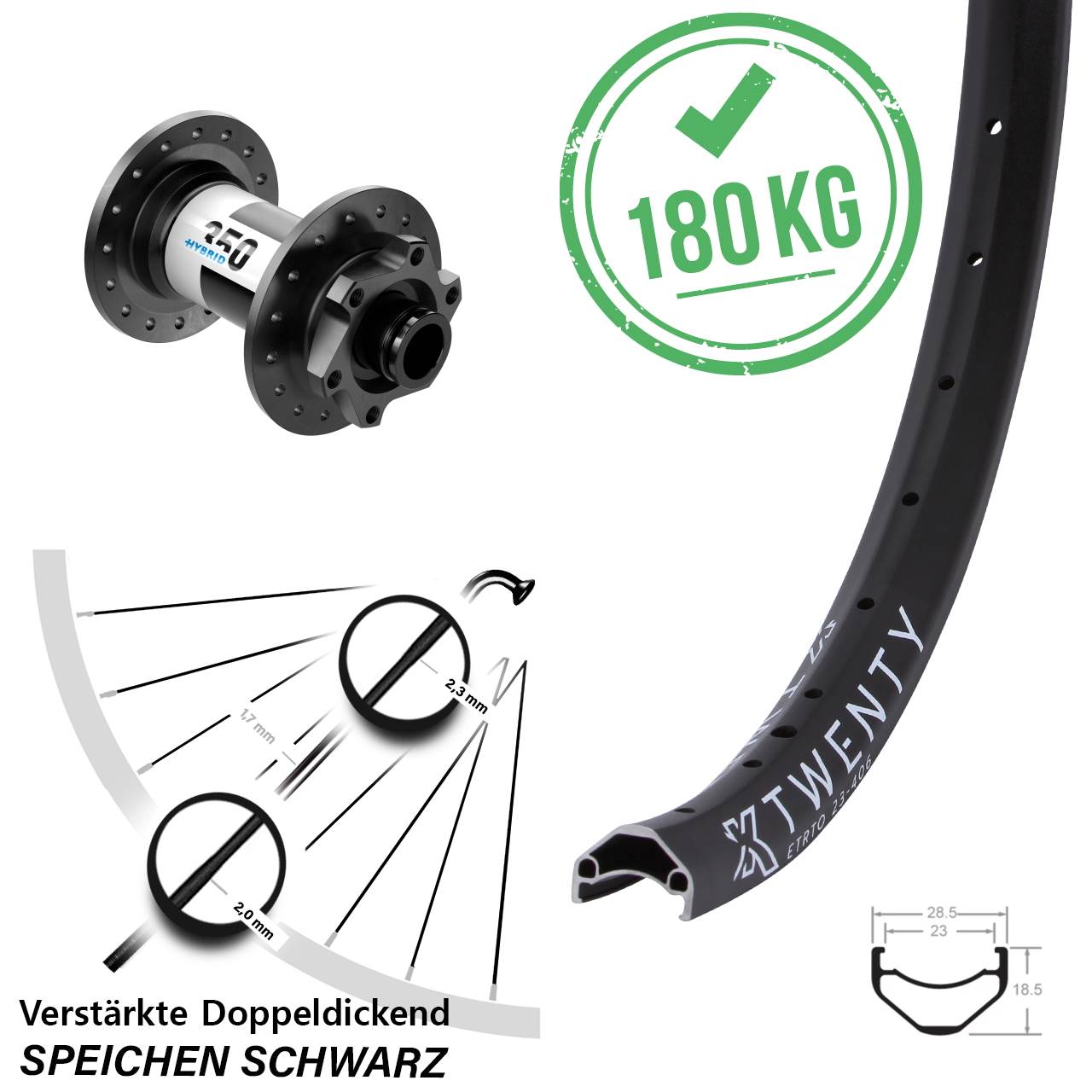 20 Zoll KX Twenty DT Swiss Hybrid 350 Vorderrad 6-Loch 15x100