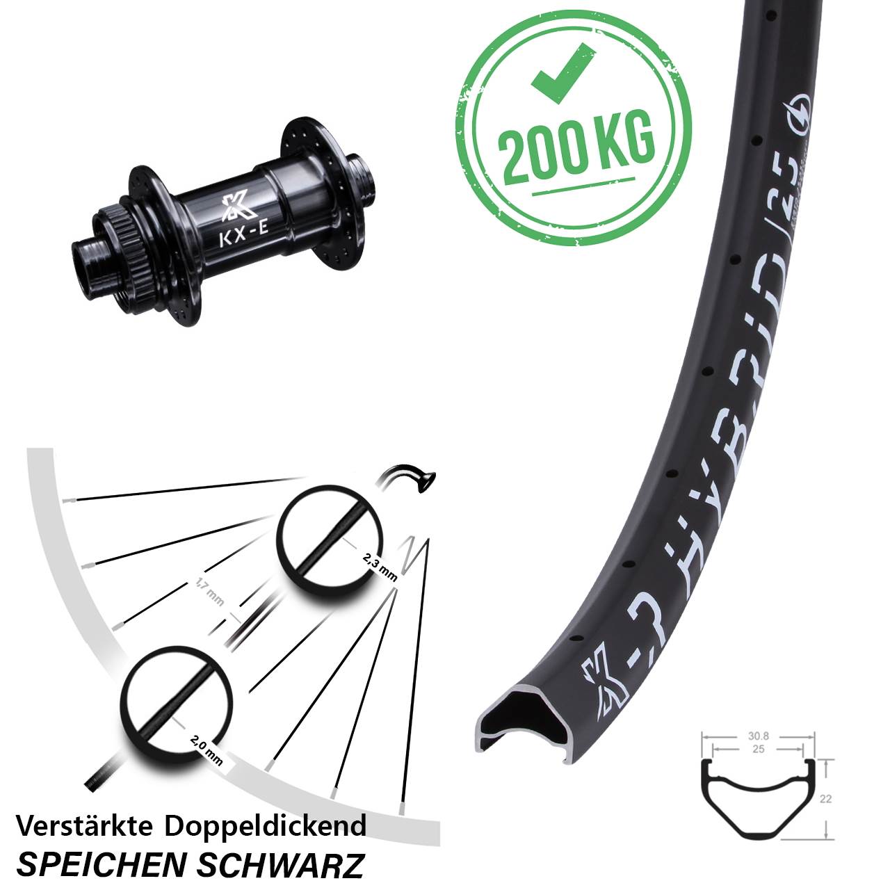 26 Zoll Vorderrad E-Bike KX-ER Hybrid 25 schwarz Centerlock Steckachse 15x100 mm verstärkt