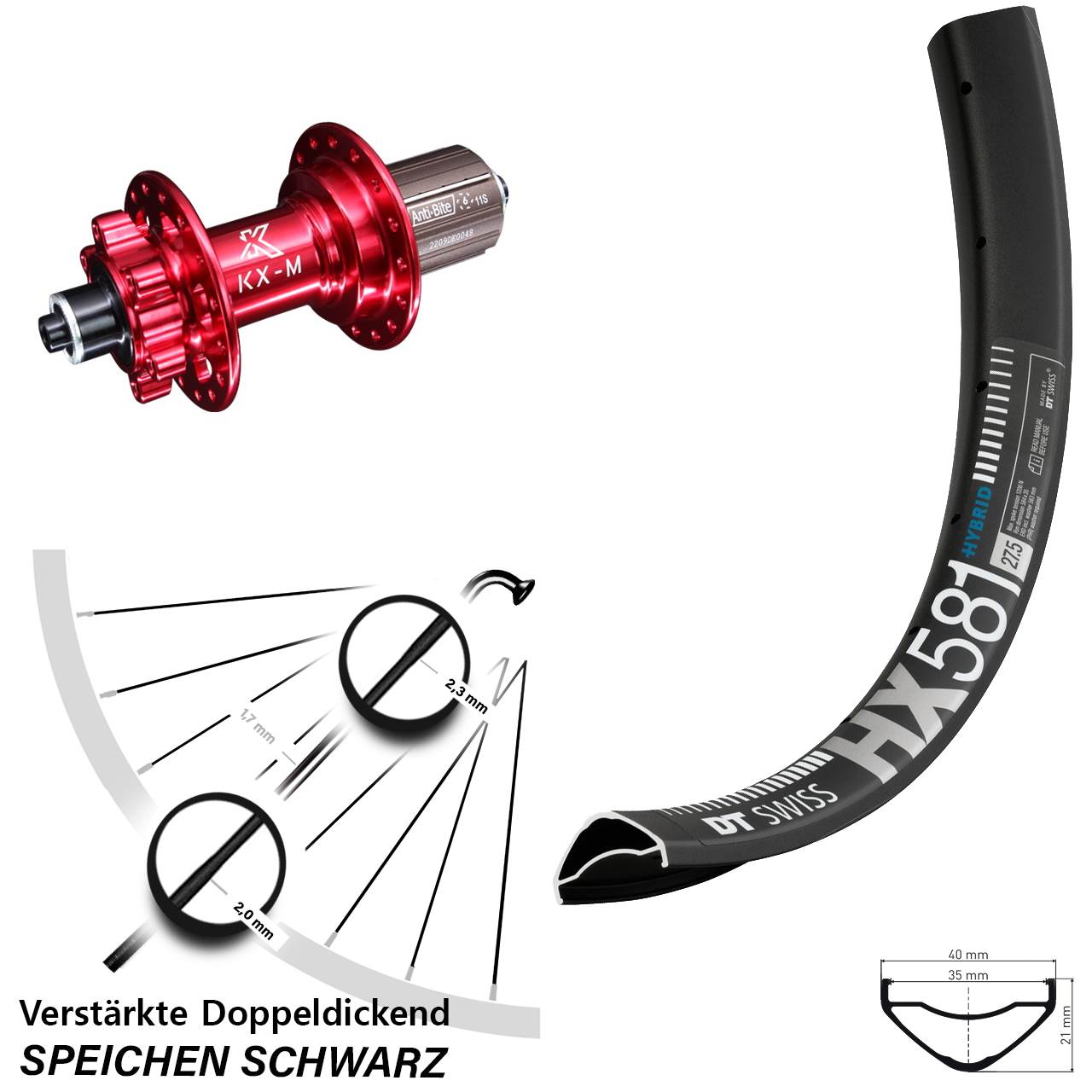 6-Loch Hinterrad für Schnellspanner 27,5 Zoll DT Swiss HX 581 KX-M rot 8-12 fach HG