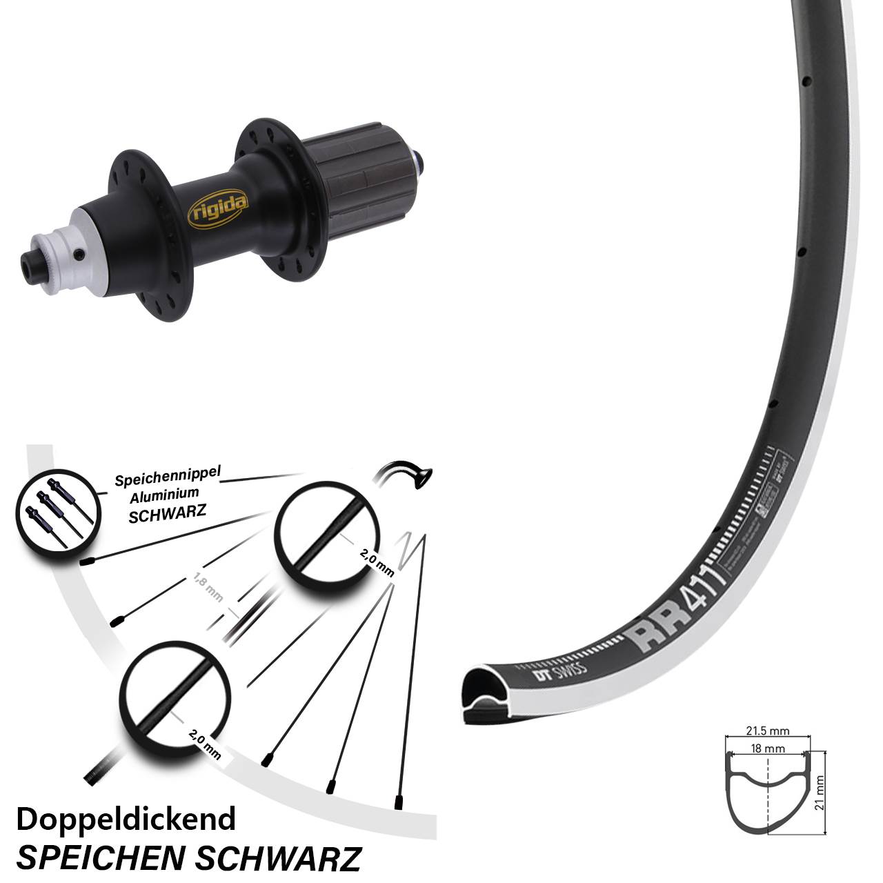Hinterrad 28 Zoll DT Swiss RR 411 OS Rigida RWS 8-11 fach für Schnellspanner