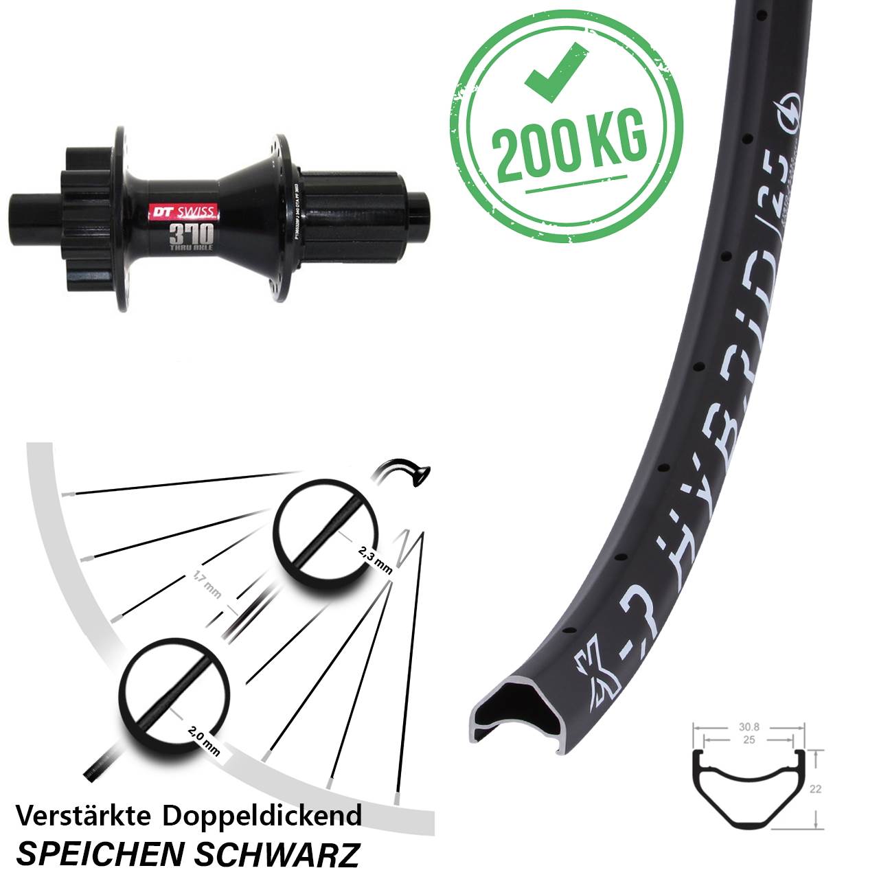 KX-R Hybrid 25 DT Swiss 370 27,5 Zoll Hinterrad 6-Loch 12x142 8-11 fach