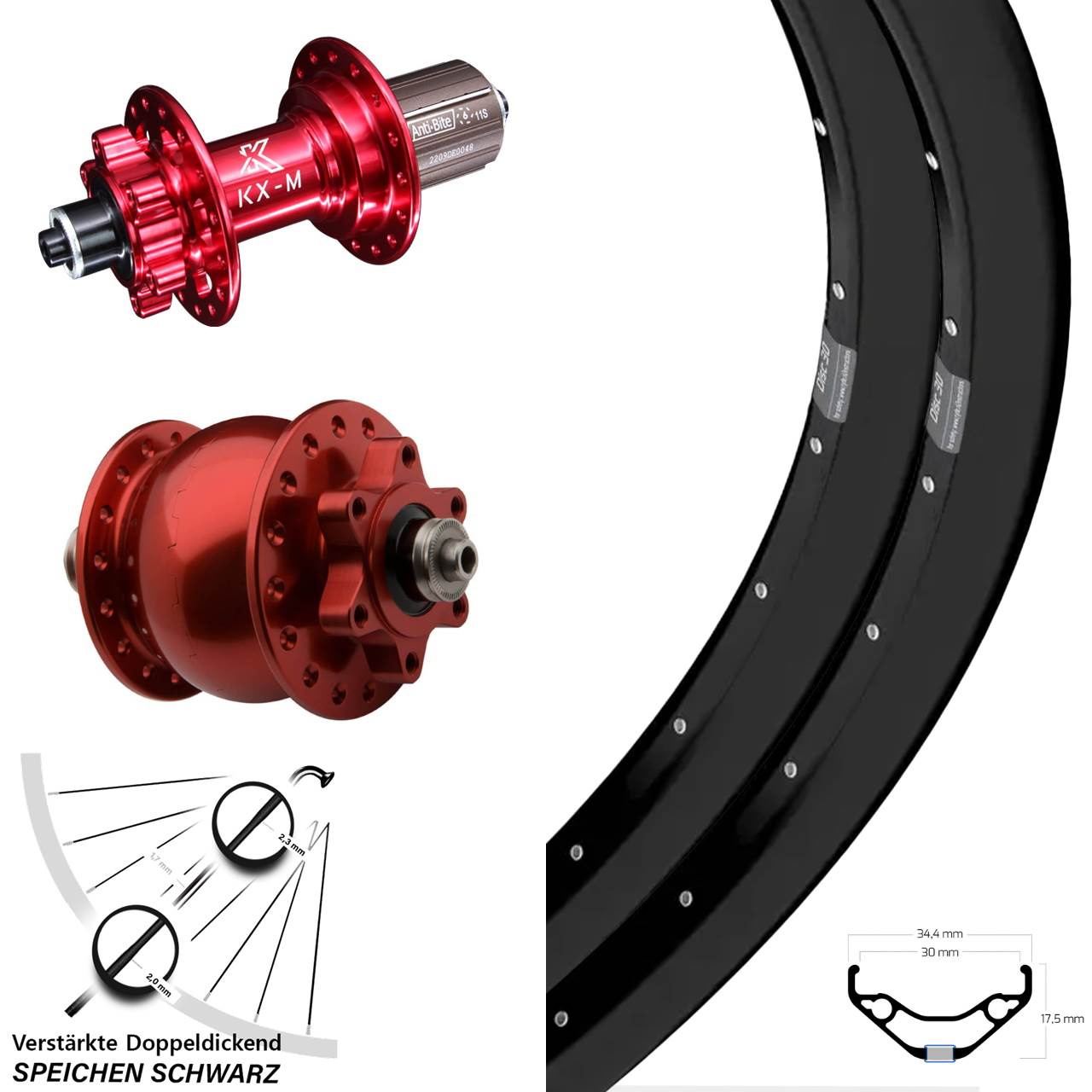 Laufradsatz QR 27,5 Zoll Ryde Disc 30 KX-M rot SON 28 8-12 fach