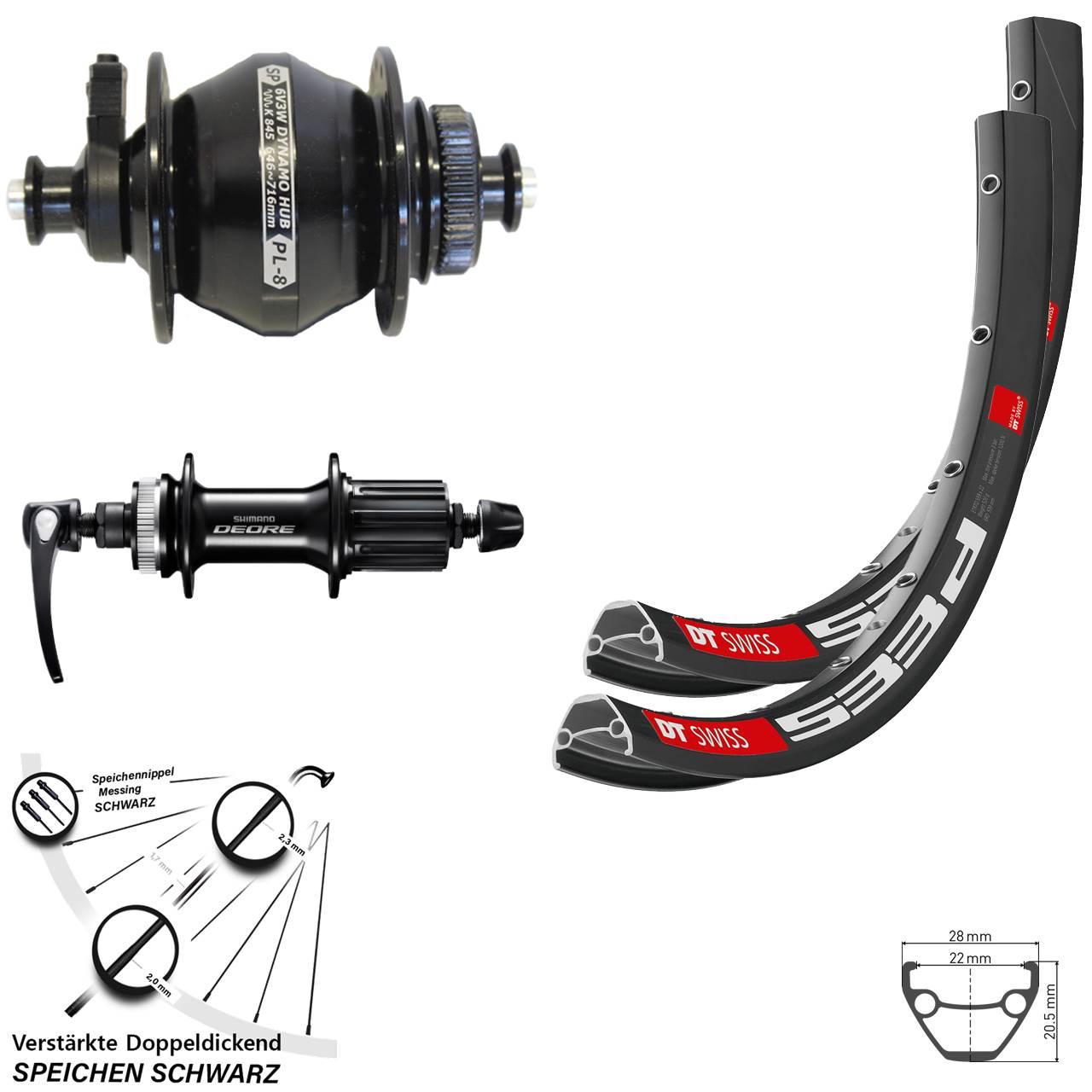 Laufradsatz 28 Zoll DT Swiss 533d Shutter PL-8 Shimano Deore FH-M6000 8-11 fach HG QR