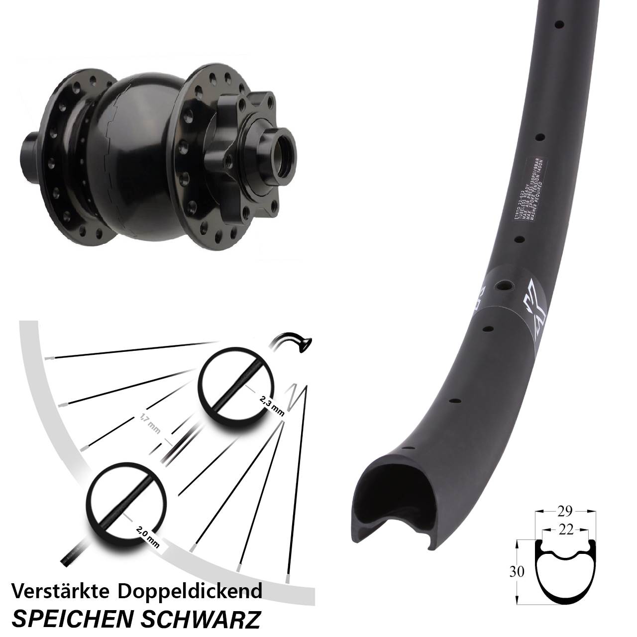 SON 28 KX-RC Gravel Carbon 28 Zoll Vorderrad mit Nabendynamo 6-Loch 15x110 Boost