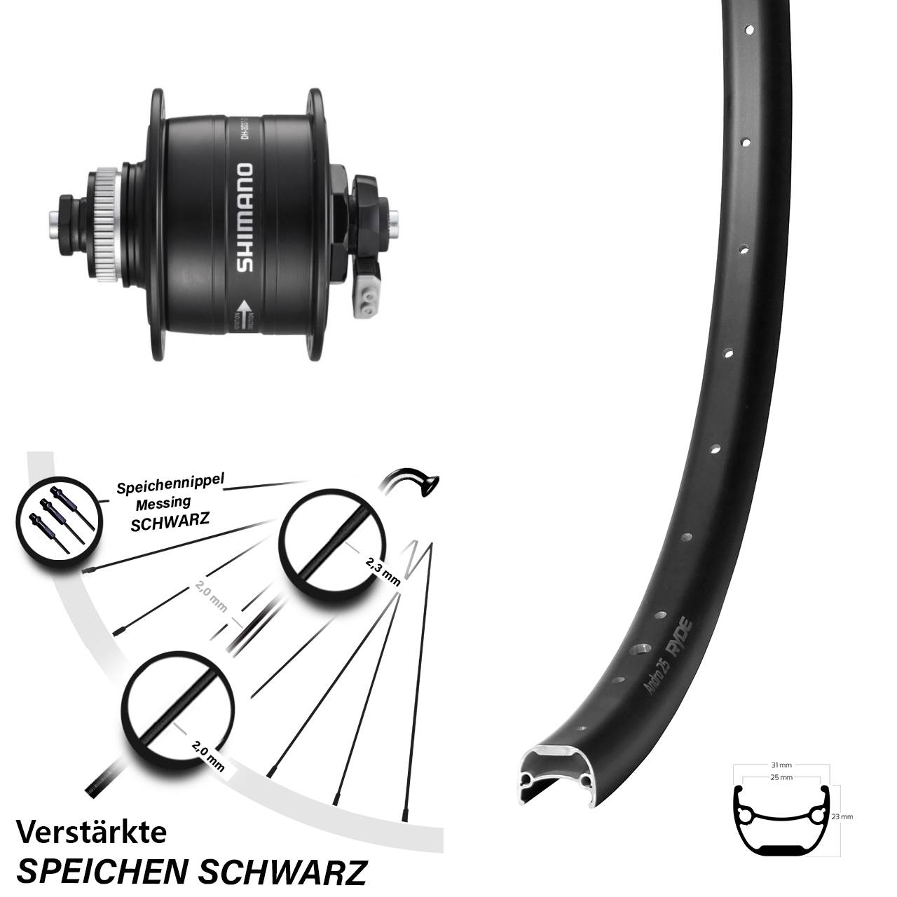 Nabendynamo-Vorderrad 28-29 Zoll Ryde Andra 25 Shimano DH-3D37 5x100 Centerlock
