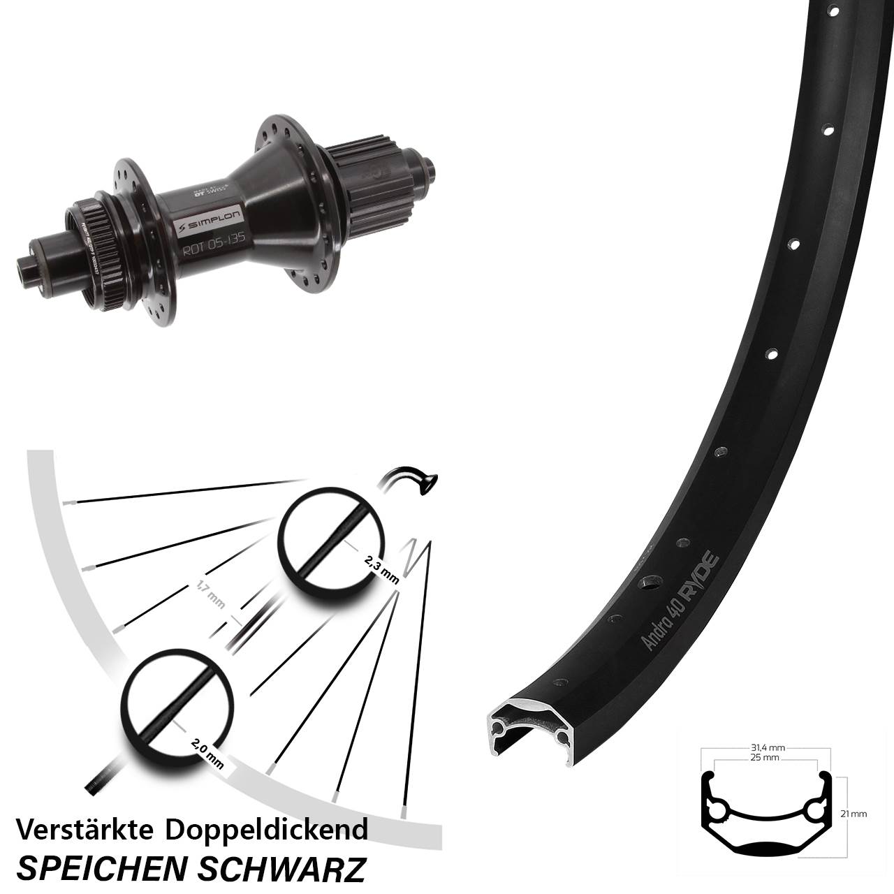 27,5 Zoll Ryde Andra 40 DT Swiss 370 Hybrid Centerlock Hinterrad QR Micro Spline